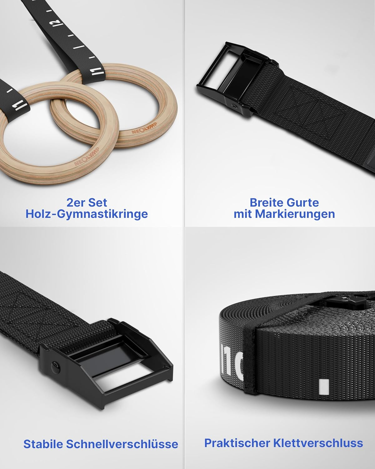Vier Bilder zeigen hölzerne Gymnastikringe, breite Gurte mit Markierungen, stabile Schnellverschlüsse und Klettverschlüsse.