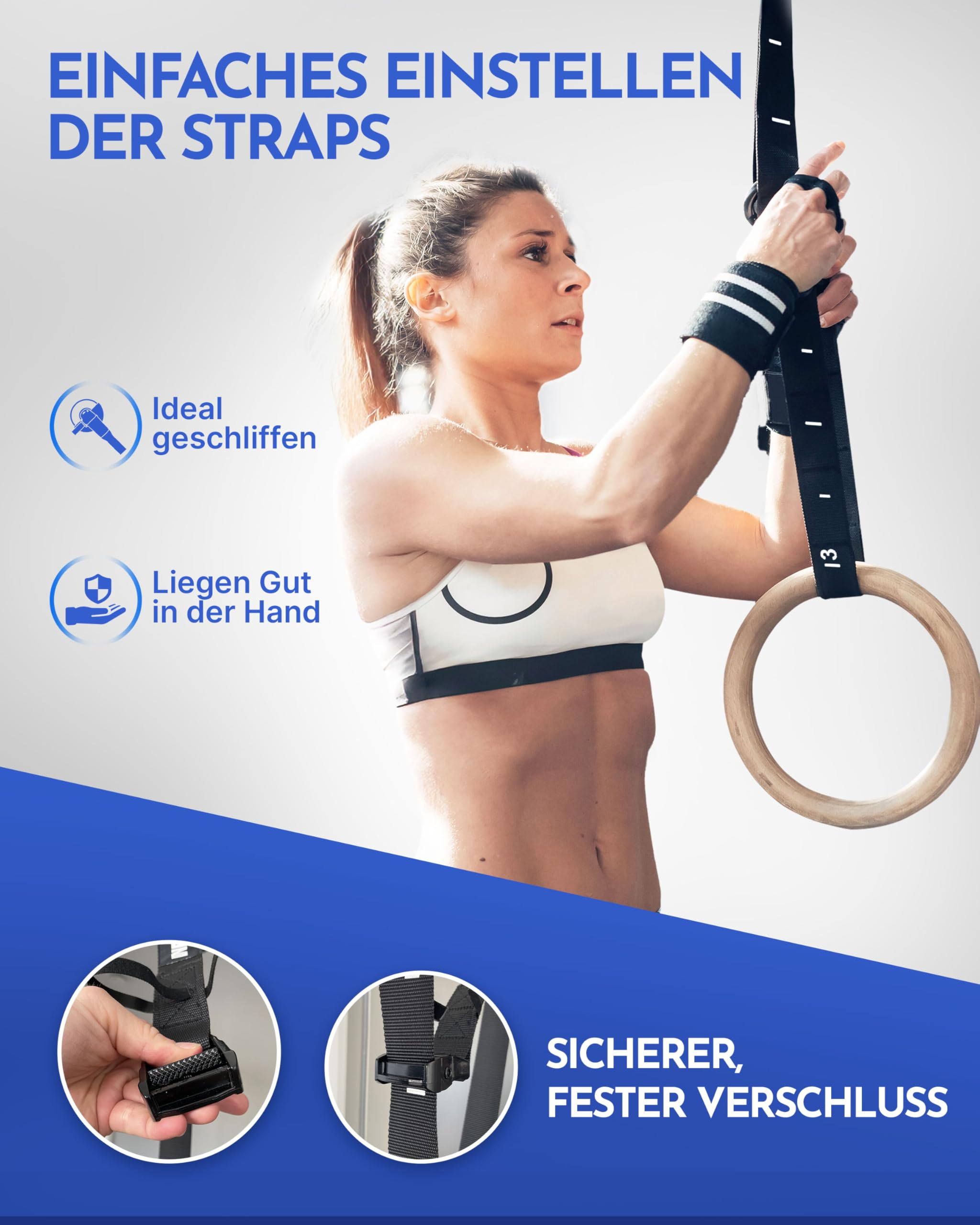 Eine Frau adjustiert schwarze Riemen von Turnringen, mit deutschen Text-Overlays.