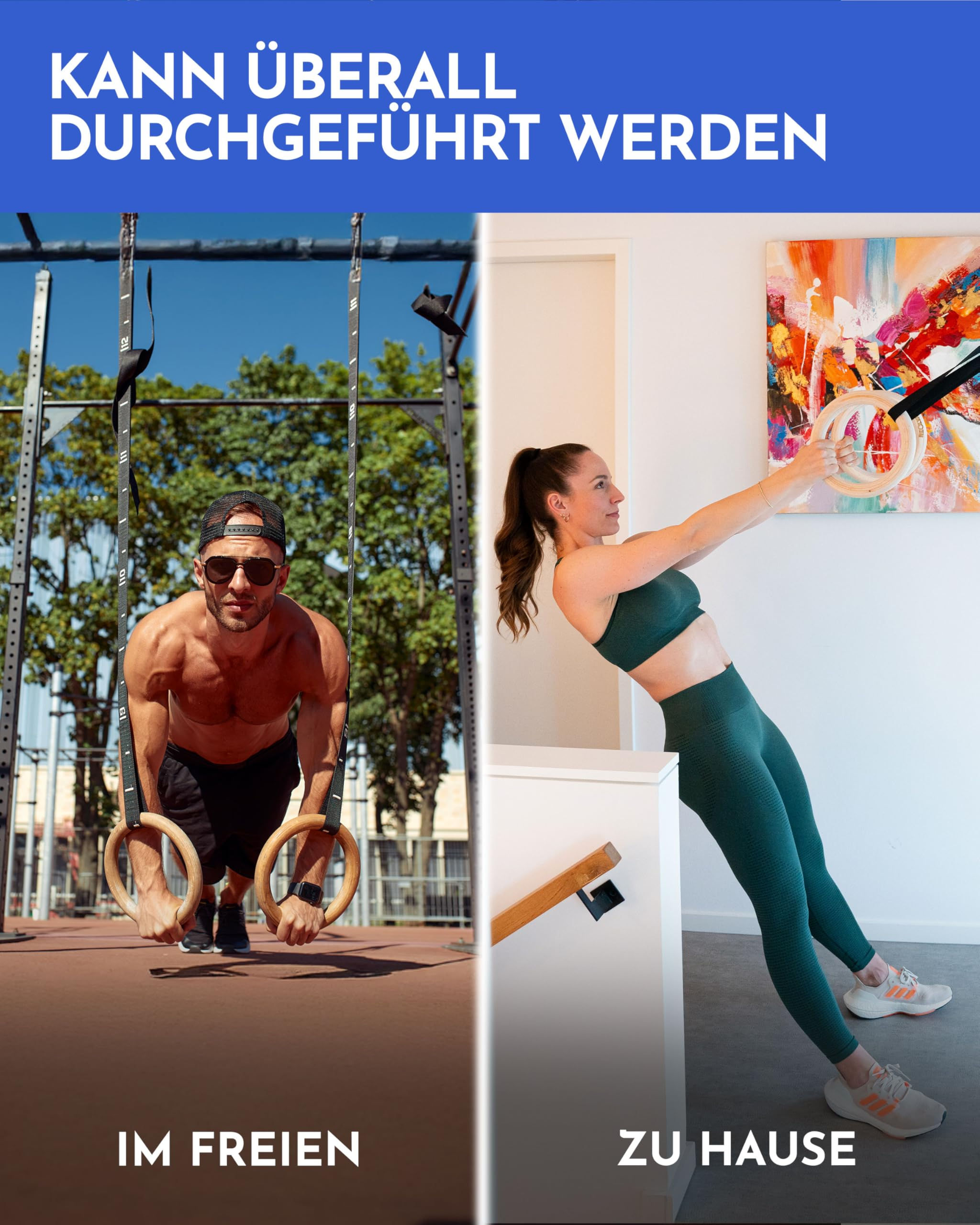 Ein Mann trainiert draußen mit Ringen und eine Frau übt drinnen mit Ringen.