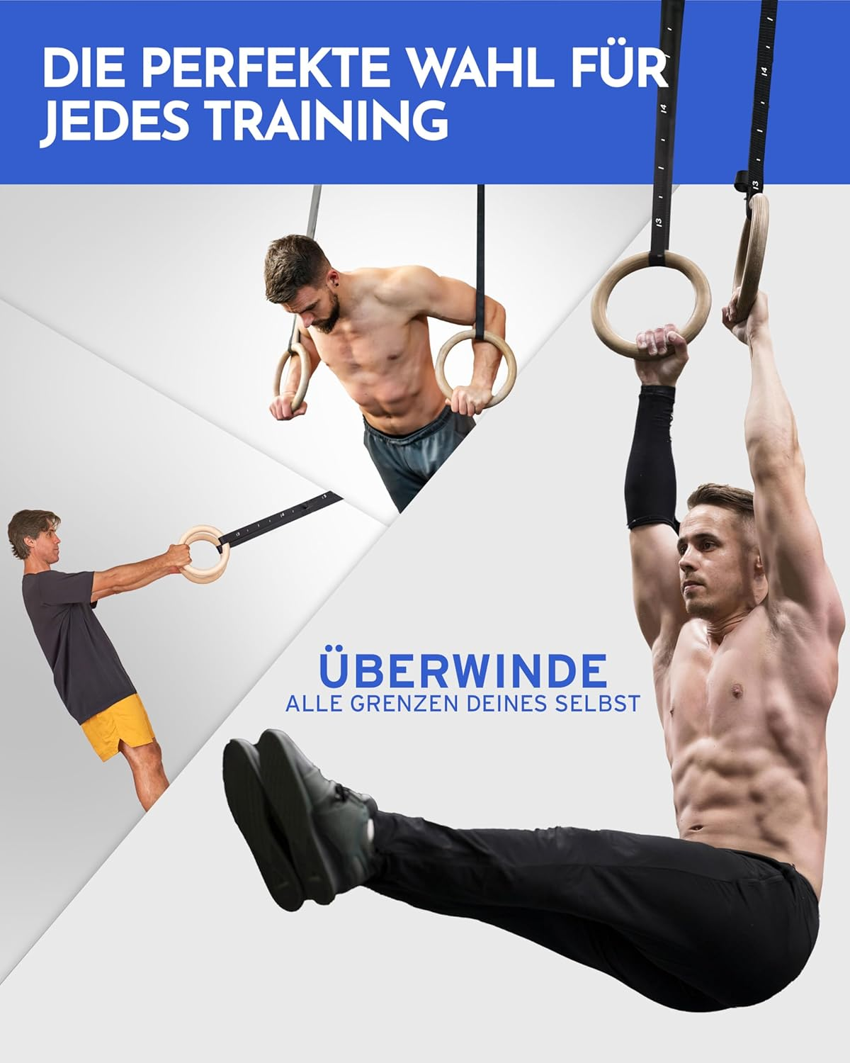Fitness-Plakat mit Männern, die an Holzringen trainieren, darüber deutscher Text auf blauem und weißem Hintergrund.