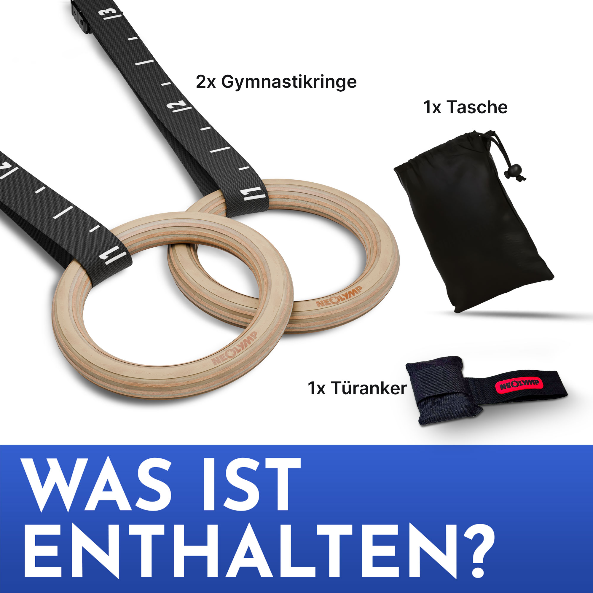 Zwei Turnringe aus Holz mit schwarzen Gurten, eine schwarze Tasche und ein Türanker vor weißem Hintergrund.