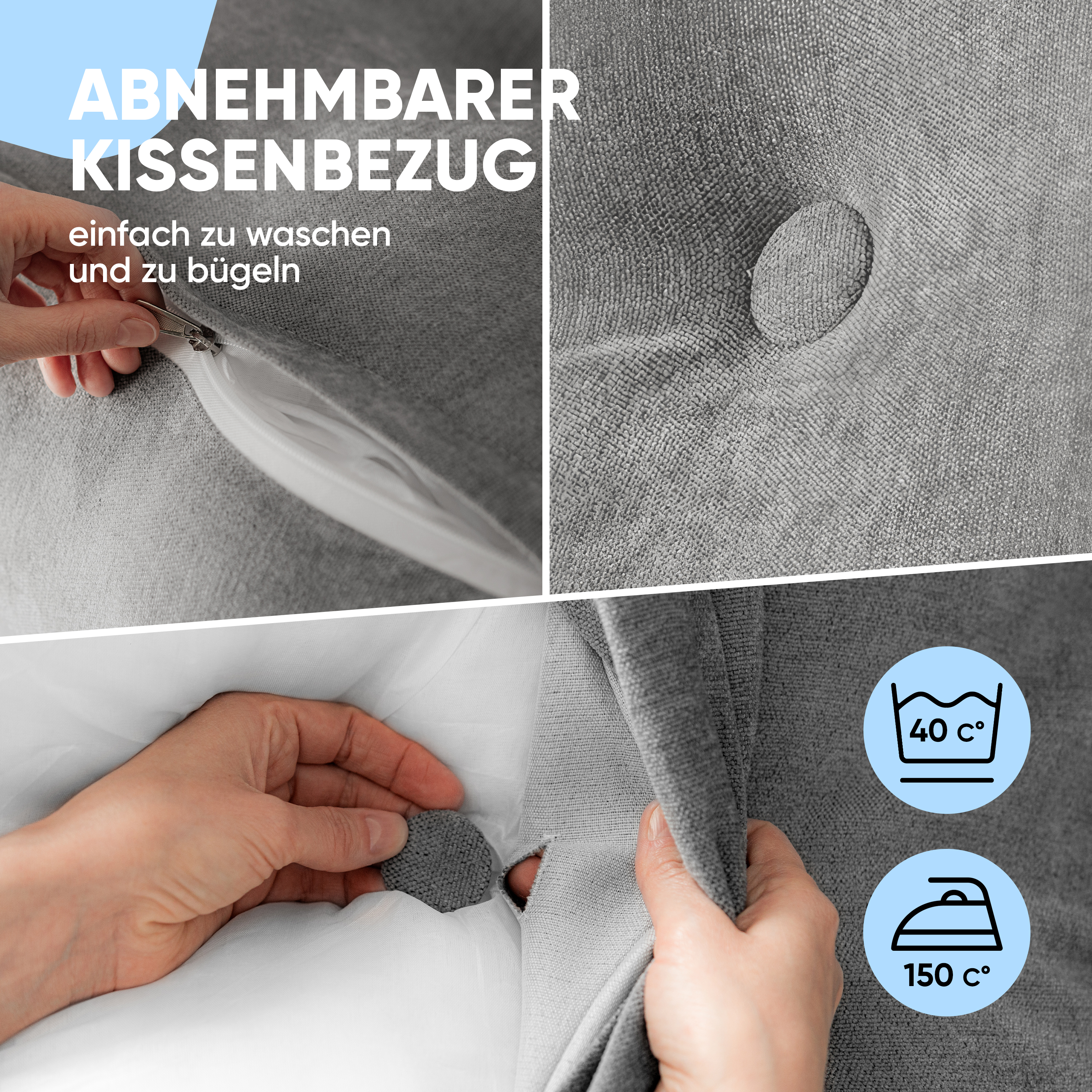 Nahaufnahme eines grauen Kissenbezugs mit Reißverschluss, Knopfdetails und Pflegehinweisen.