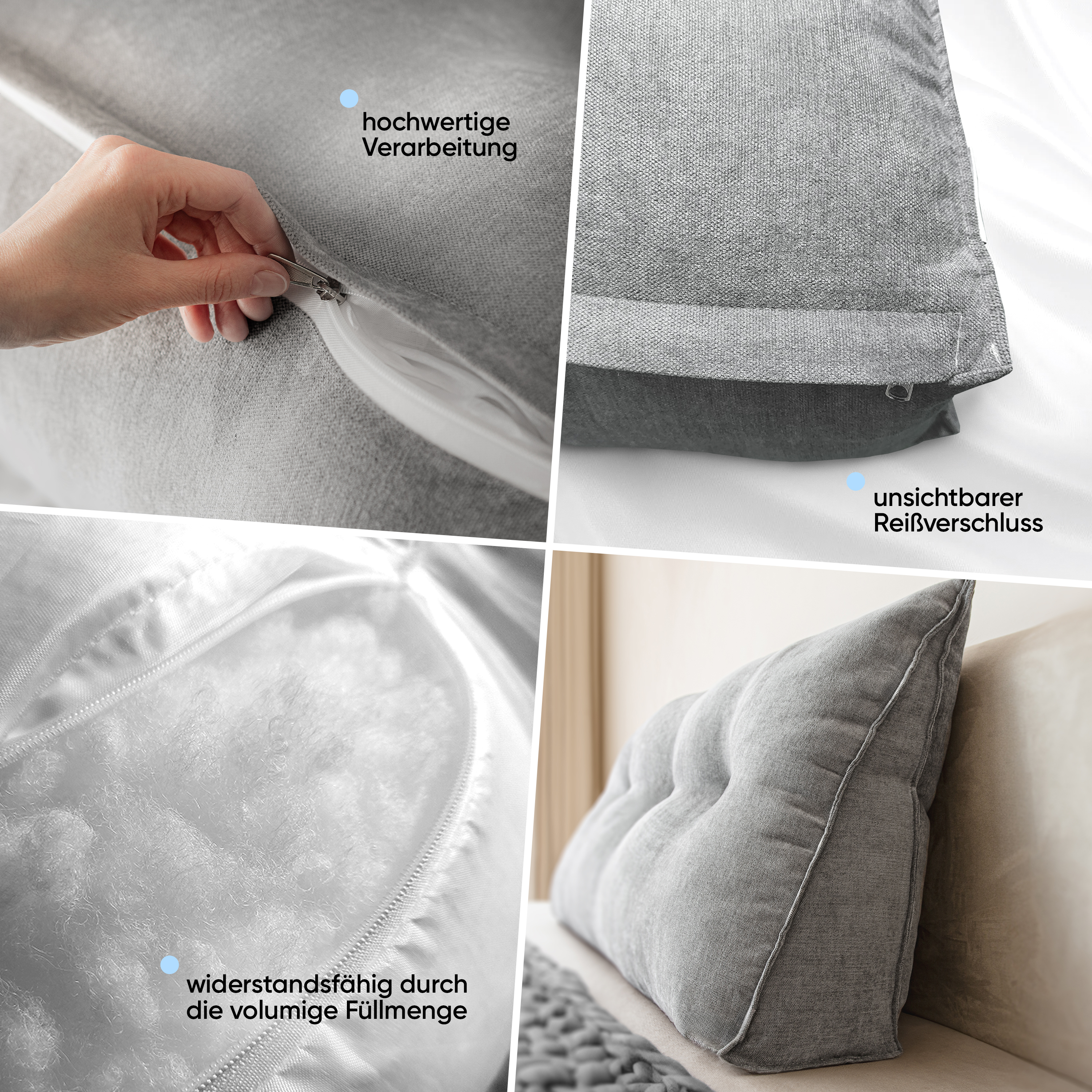 Vierteiliges Bild zeigt Details eines grauen Kissens: Reißverschluss, Füllung und Kissen auf dem Bett.
