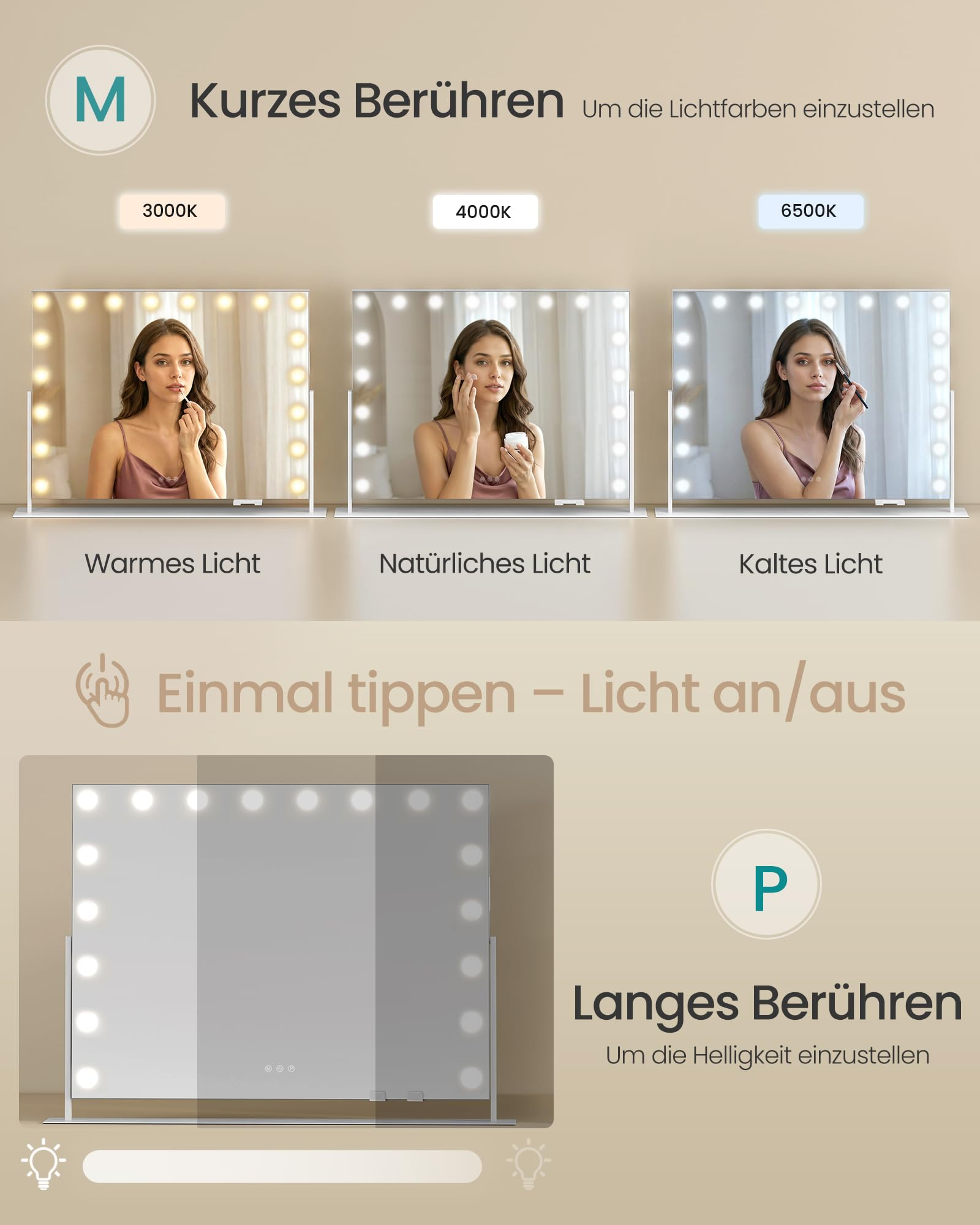 Istruzioni per specchio trucco con controlli touch per colore luce, accensione e luminosità.