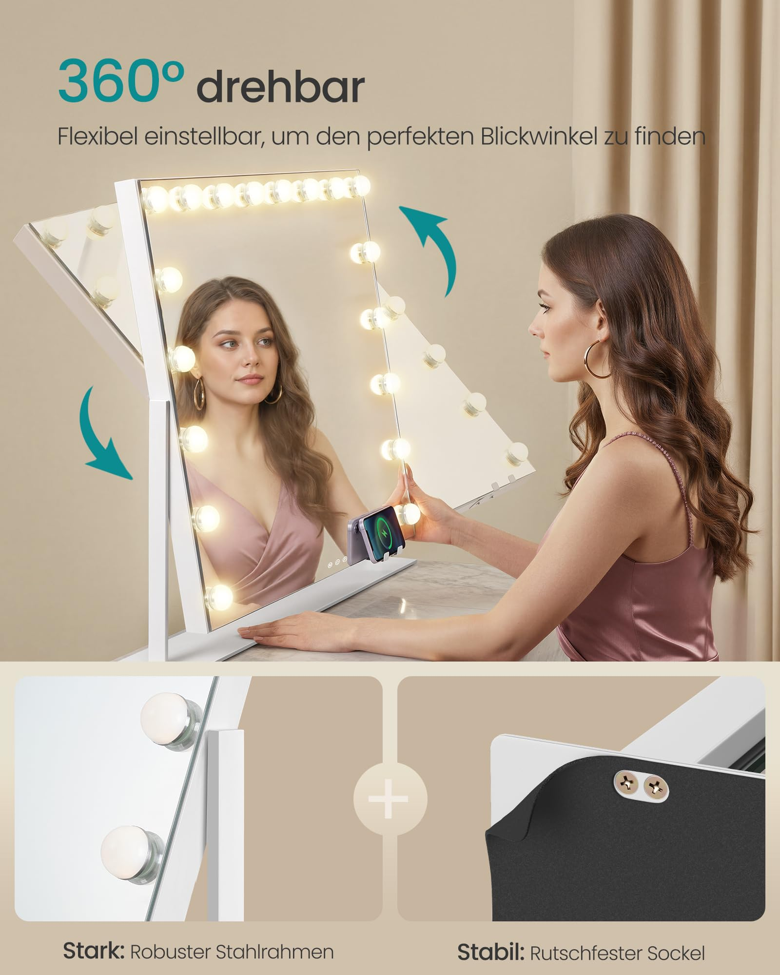 Una donna regola uno specchio da trucco Hollywood girevole a 360 gradi con lampadine LED.