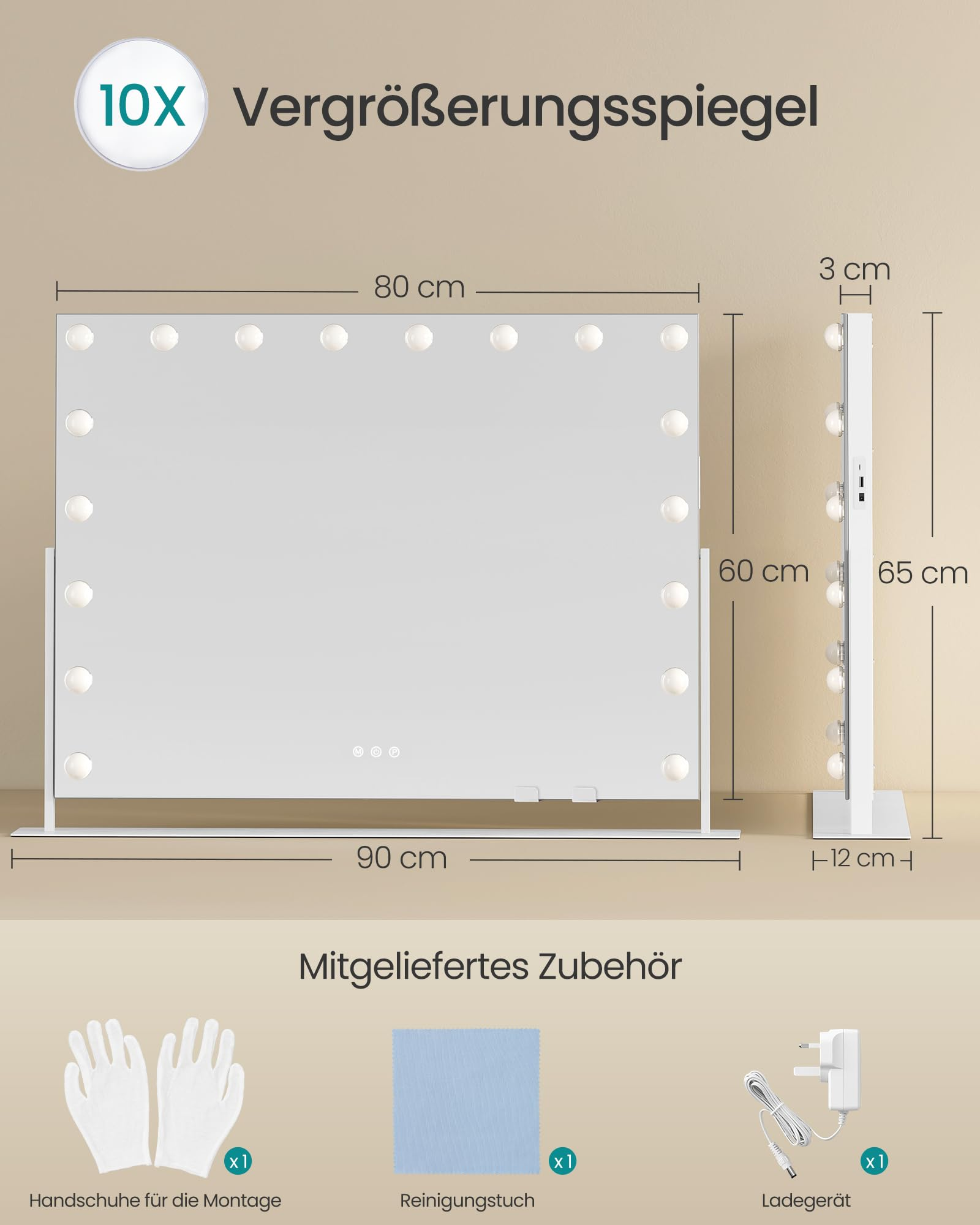 Specchio per trucco Hollywood illuminato con dimensioni, accessori come guanti, panno e caricabatterie.