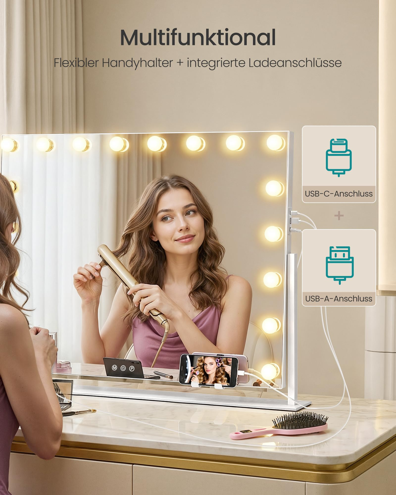 Specchio da trucco illuminato con porta cellulare e porte USB integrate.