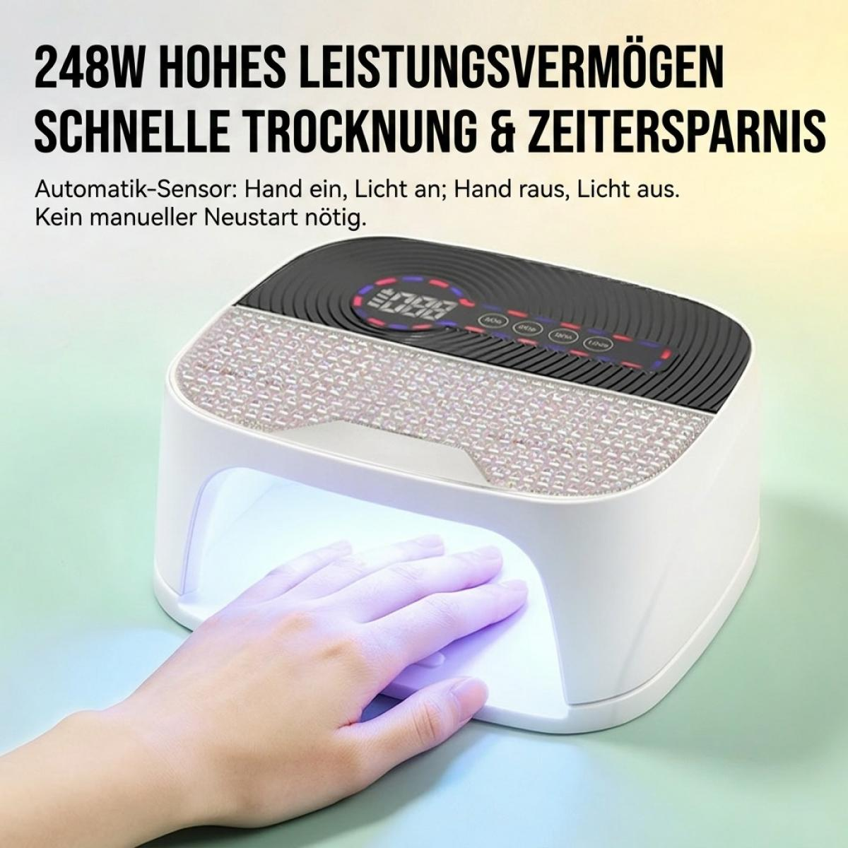 Eine weiße Nagellampe mit Digitalanzeige und Strasssteinen, in die eine Hand zum Trocknen gelegt wird.
