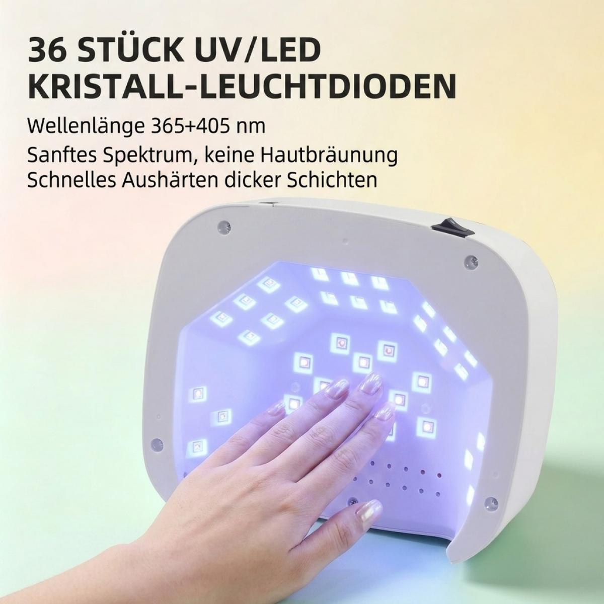 Hand in einer weißen UV-Nagellampe mit blauem Licht und Text darüber.