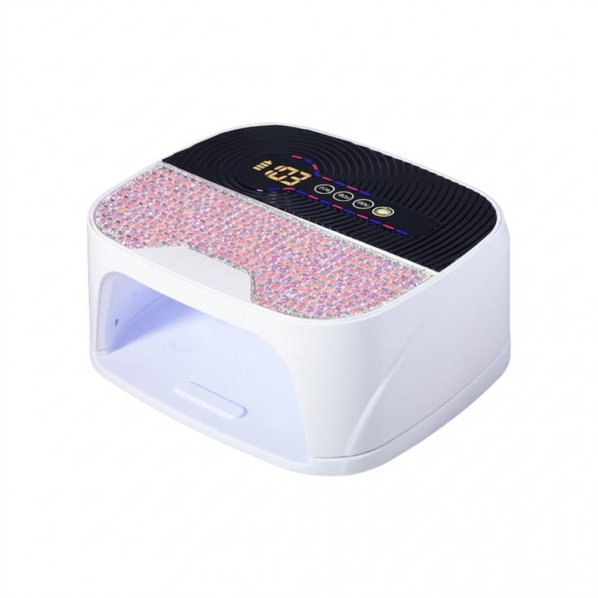 Weiße UV-Nagellampe mit funkelndem rosafarbenem Glitzerstreifen und schwarzem Bedienfeld oben.