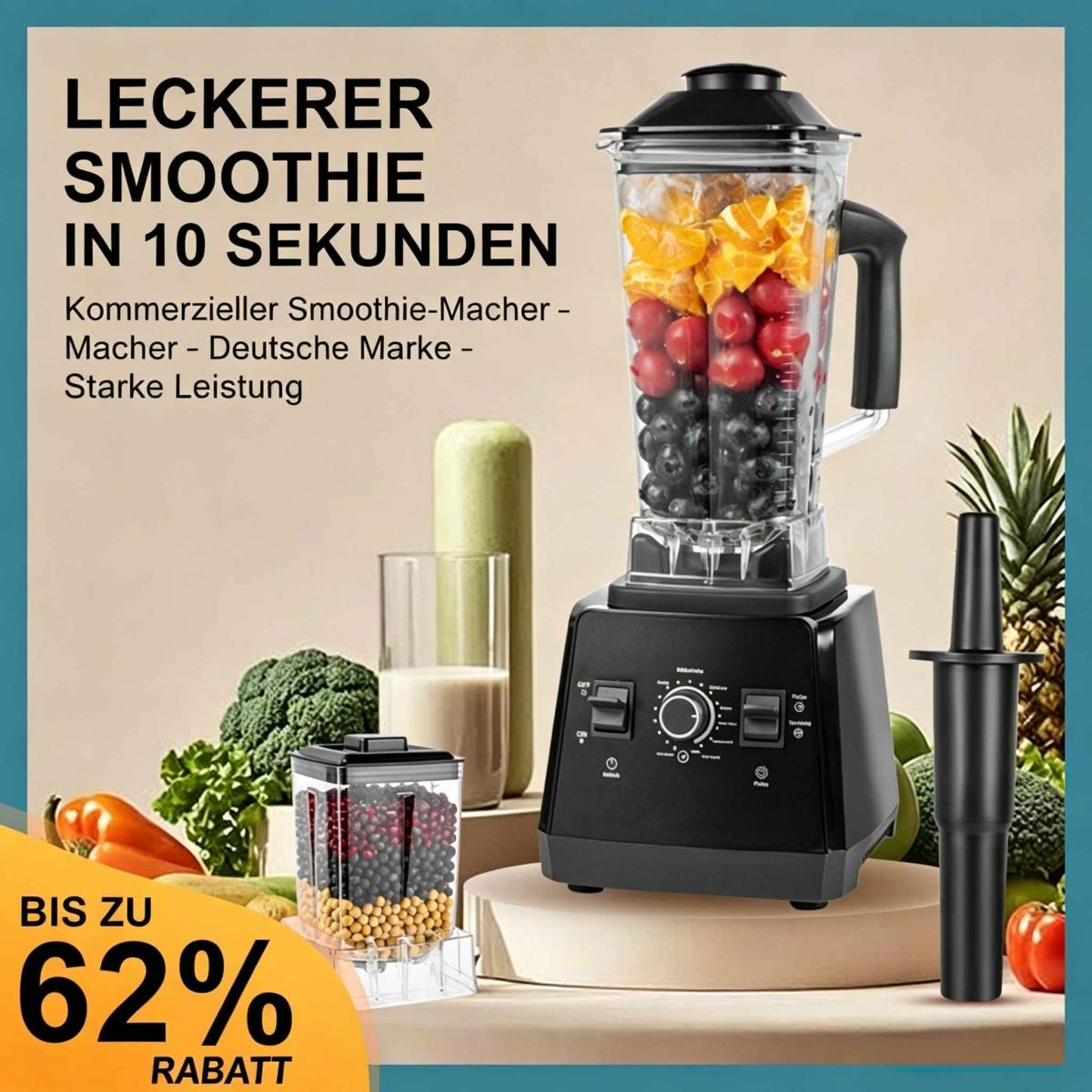 Ein schwarzer Standmixer gefüllt mit Früchten, umgeben von Gemüse und Text auf Deutsch.