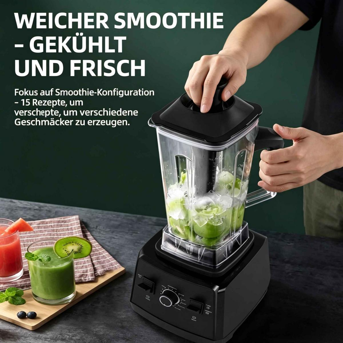 Person setzt Deckel auf schwarzen Mixer mit Eis und grünen Früchten, Smoothie-Gläser stehen daneben.