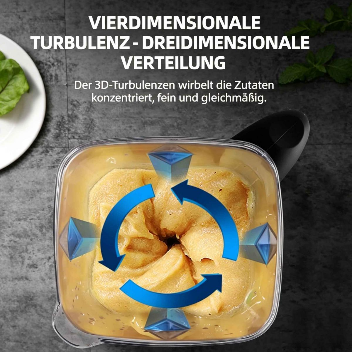 Ein Blender mit gelber Masse und blauen 3D-Turbulenz-Pfeilen.
