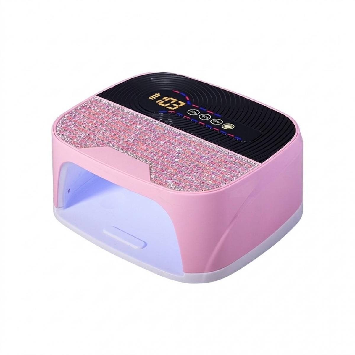 Rosa Nagel-UV-Lampe mit Glitzer, schwarzem Display und Tasten.