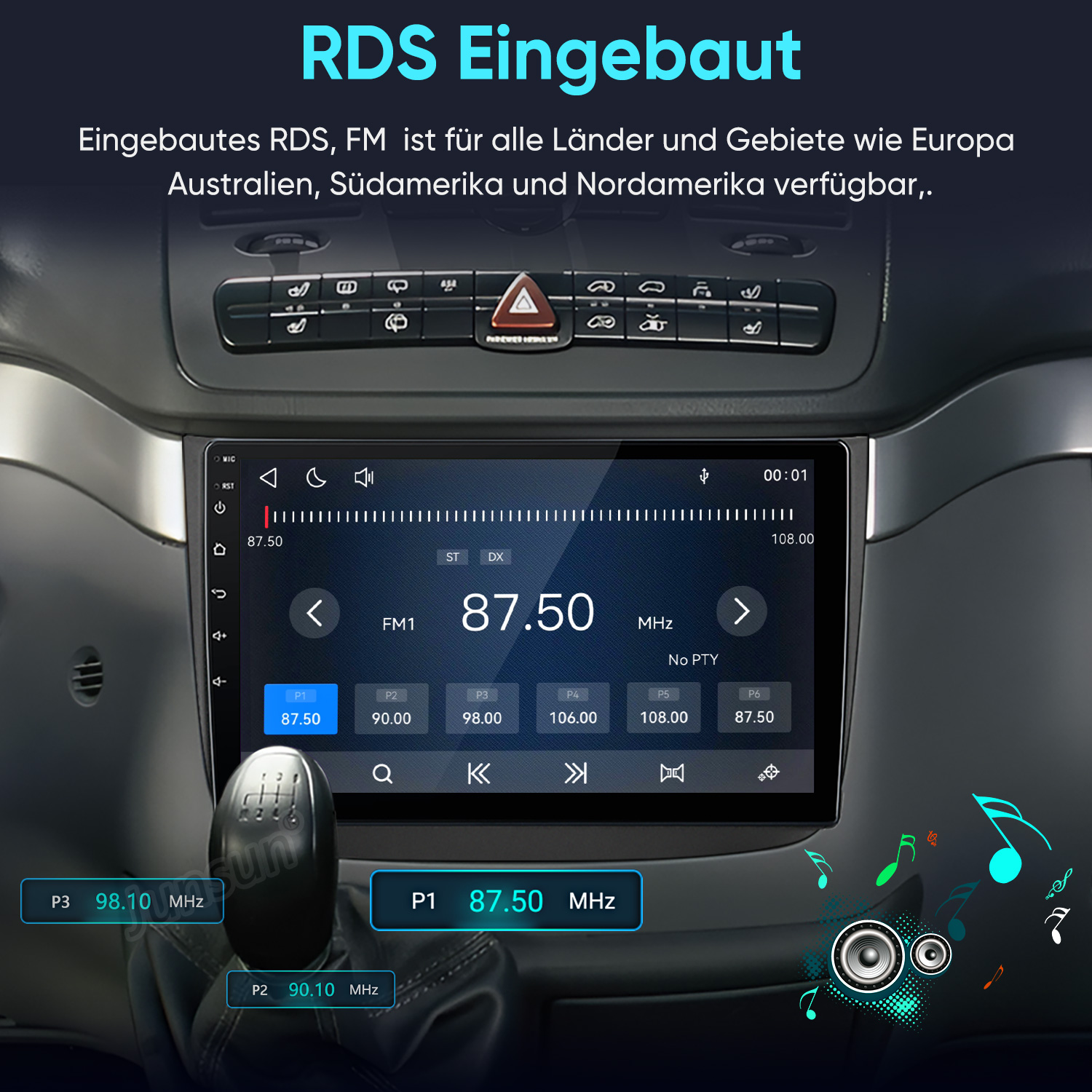 Autoradio mit RDS-Bildschirm und Musiksymbolen im Armaturenbrett.