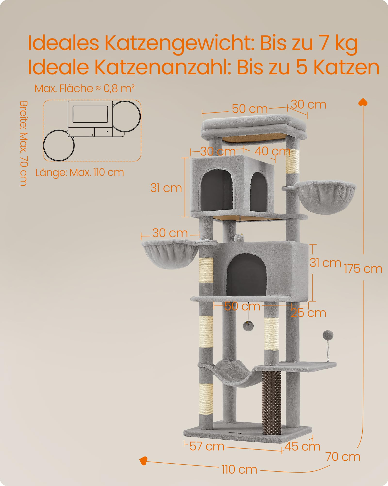 Albero per gatti grigio con piattaforme, grotte, amache, pali in sisal e quote arancioni su sfondo beige-grigio.