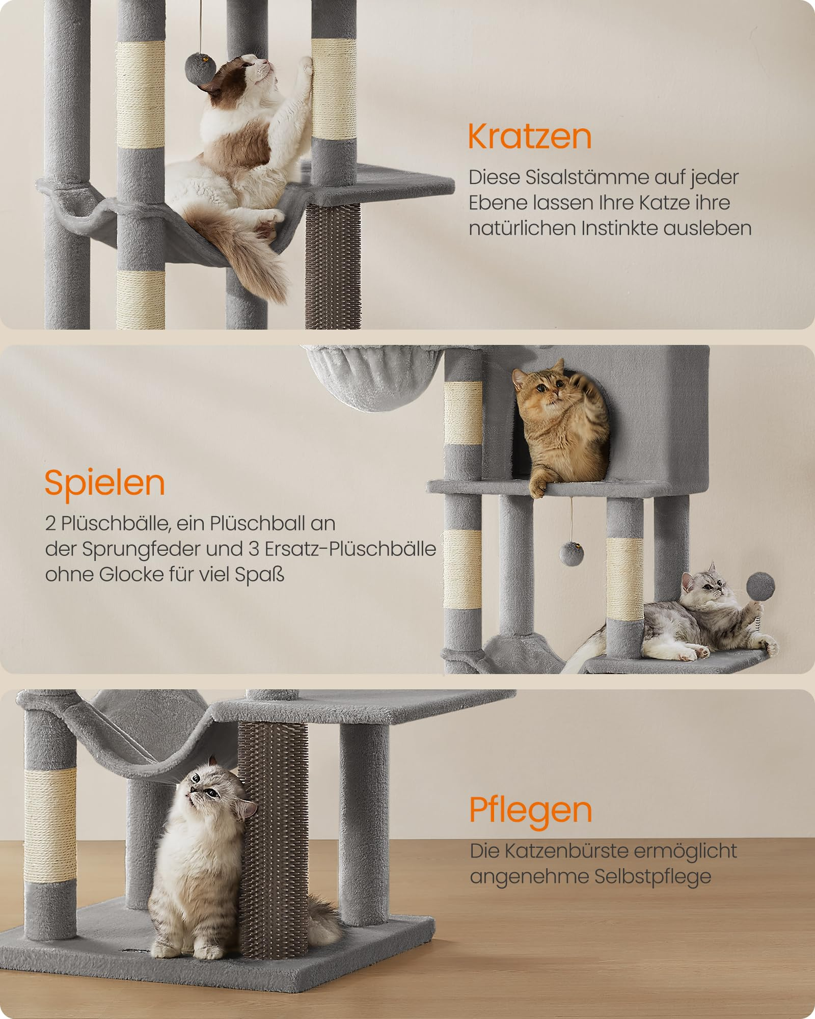 I gatti usano un grande tiragraffi grigio per graffiare, giocare con palline di peluche e strigliarsi.