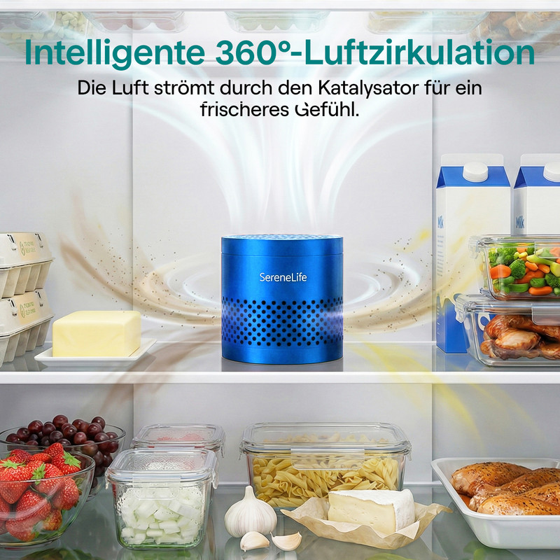 Ein blauer SereneLife-Luftreiniger im Kühlschrank zeigt die 360-Grad-Luftzirkulation mit umliegenden Lebensmitteln.
