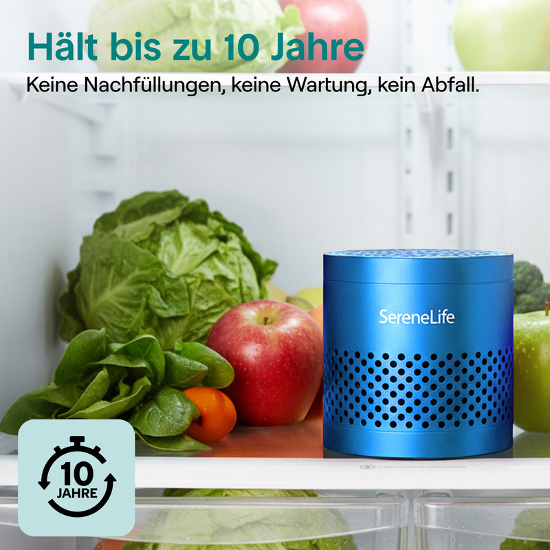 Ein blaues SereneLife-Gerät in einem Kühlschrank neben frischem Gemüse und Obst mit Text.