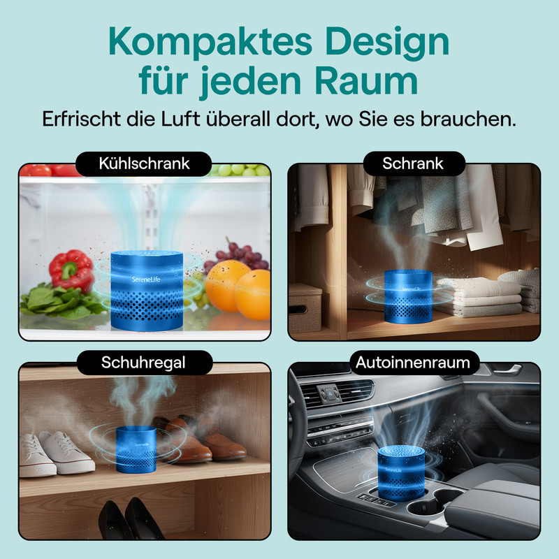 Ein blauer zylindrischer Lufterfrischer in vier verschiedenen Räumen wie Kühlschrank, Schrank, Regal und Auto.
