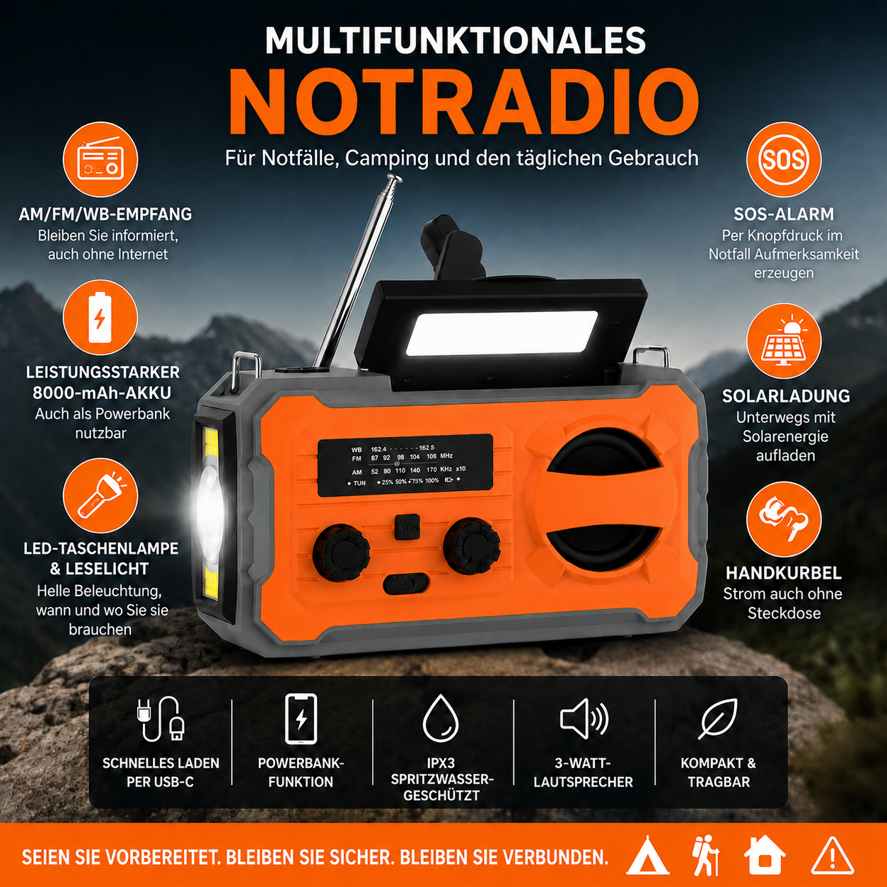 Ein orange-schwarzes Notradio mit Antenne und integrierter Lampe, umgeben von Icons und Texten auf Deutsch.
