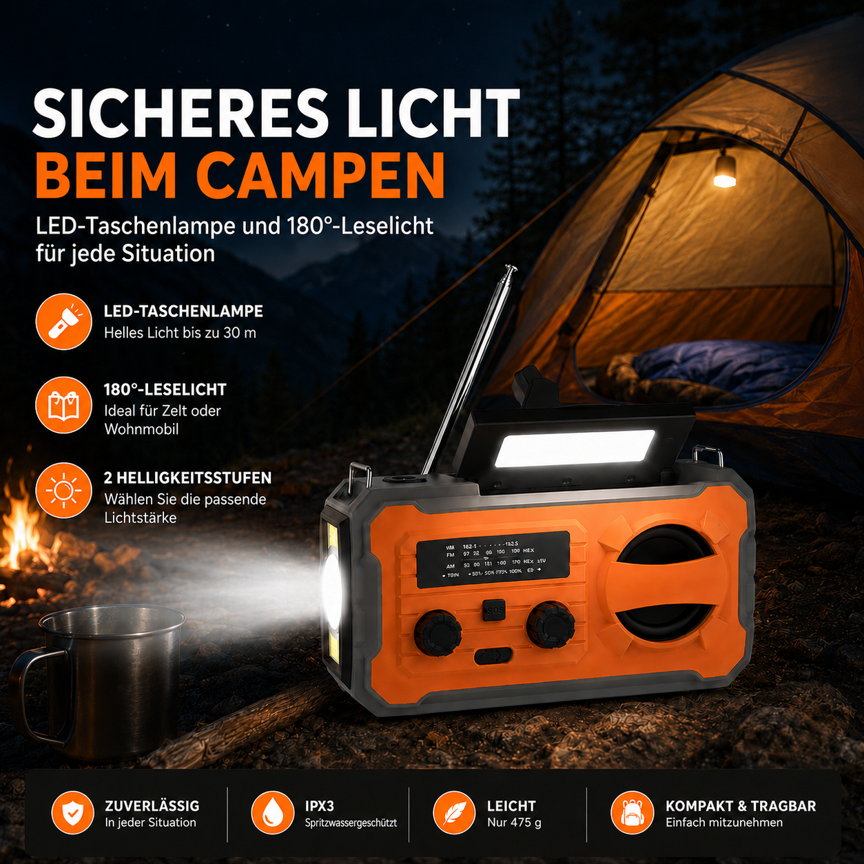Eine orange-schwarze Camping-Notfallradio-Taschenlampe vor einem beleuchteten Zelt bei Nacht.