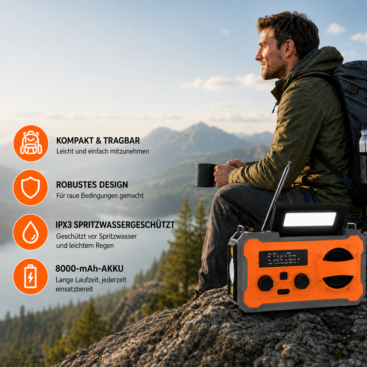 Wanderer auf Berg mit Outdoor-Notfallradio im Vordergrund und Produktmerkmalen links.
