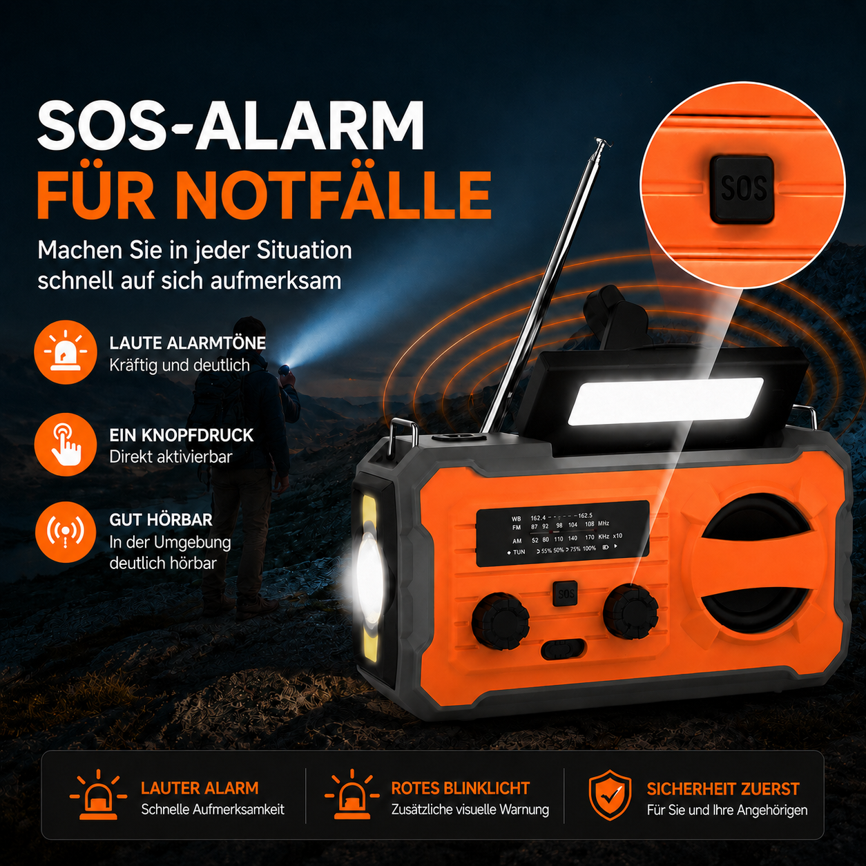 Ein orange-schwarzes Notfallradio mit Taschenlampe, Antenne und SOS-Knopf vor dunklem Hintergrund.
