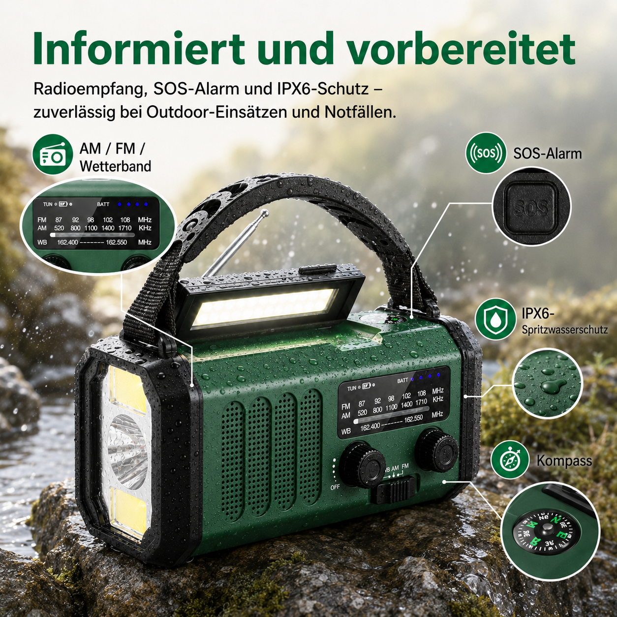 Ein grünes und schwarzes Notfallradio mit Taschenlampe und Kompass im Freien.