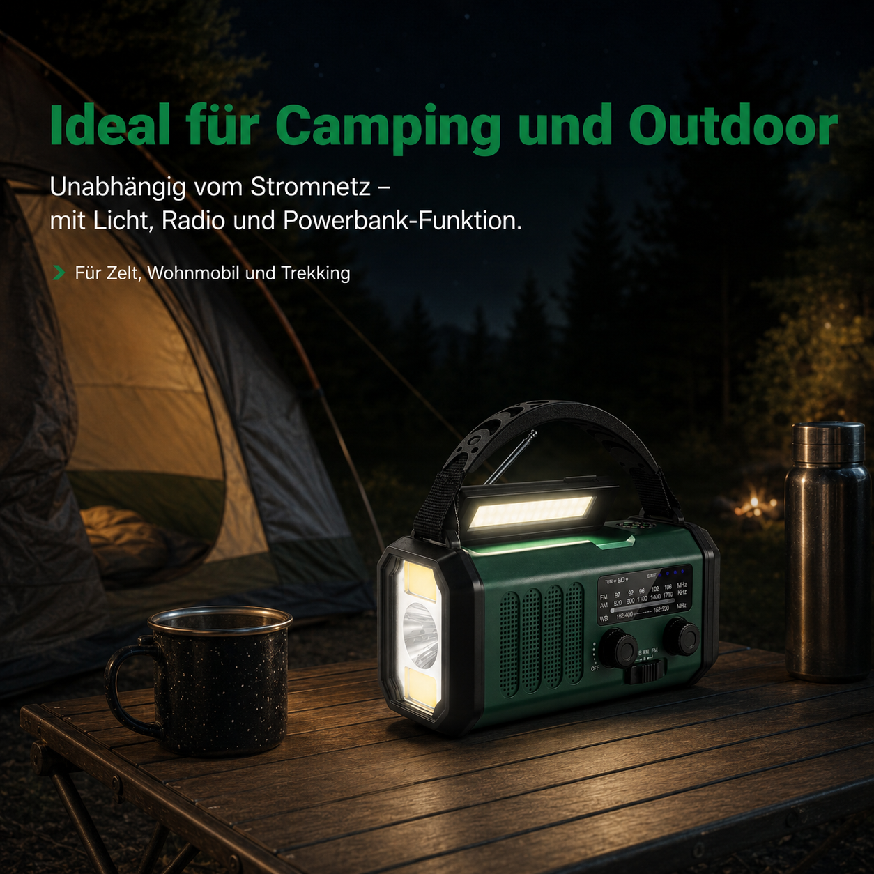Grünes Notfallradio mit Licht und Powerbank auf Holztisch neben Zelt in der Nacht.