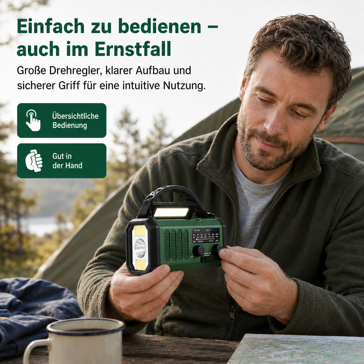 Ein Mann im Zelt hält ein grünes Notfallradio mit Taschenlampe und bedient einen Regler.