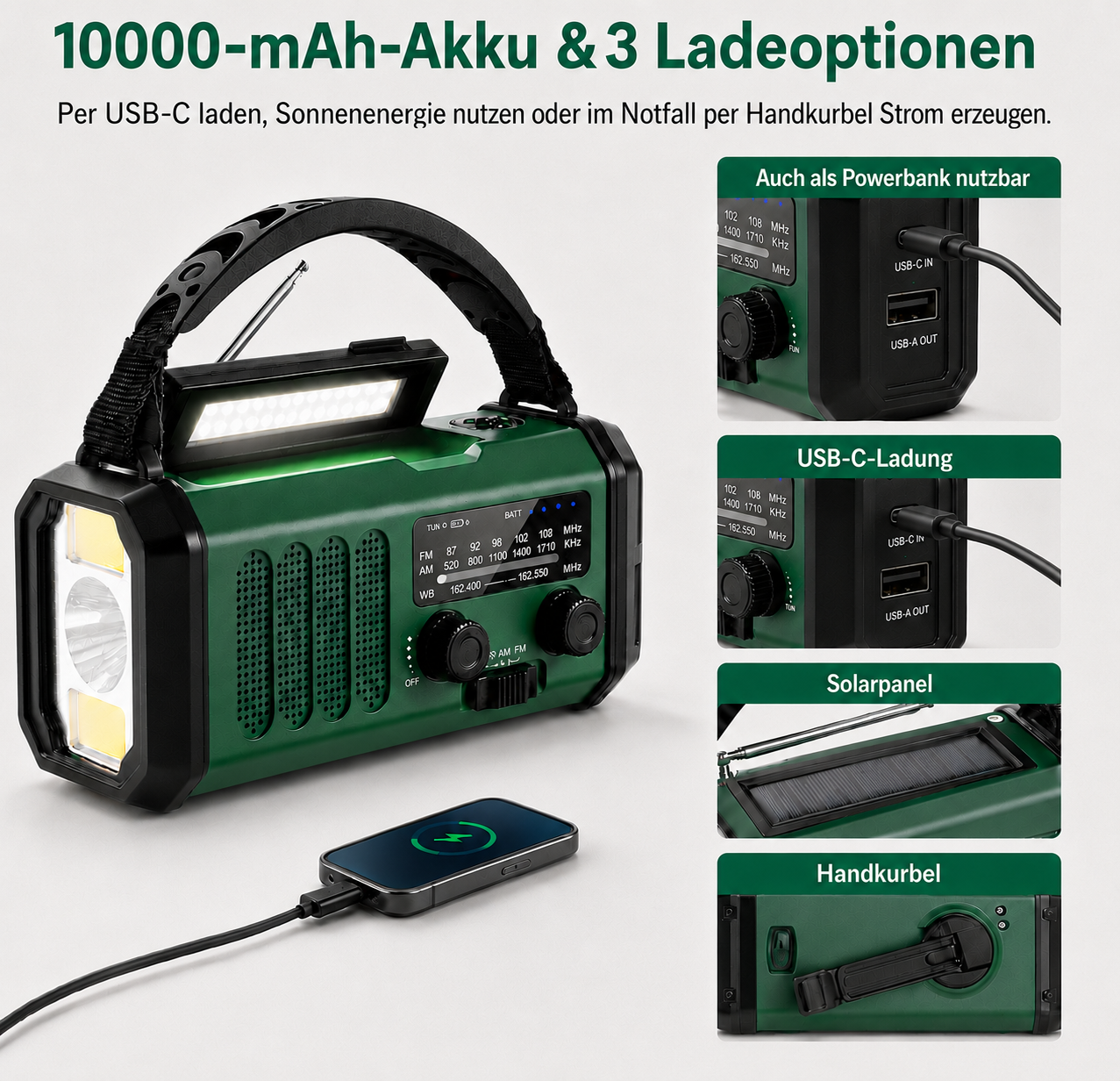 Grünes Notfallradio mit LED-Taschenlampe, Solarpanel, Handkurbel und USB-Anschlüssen zum Laden.