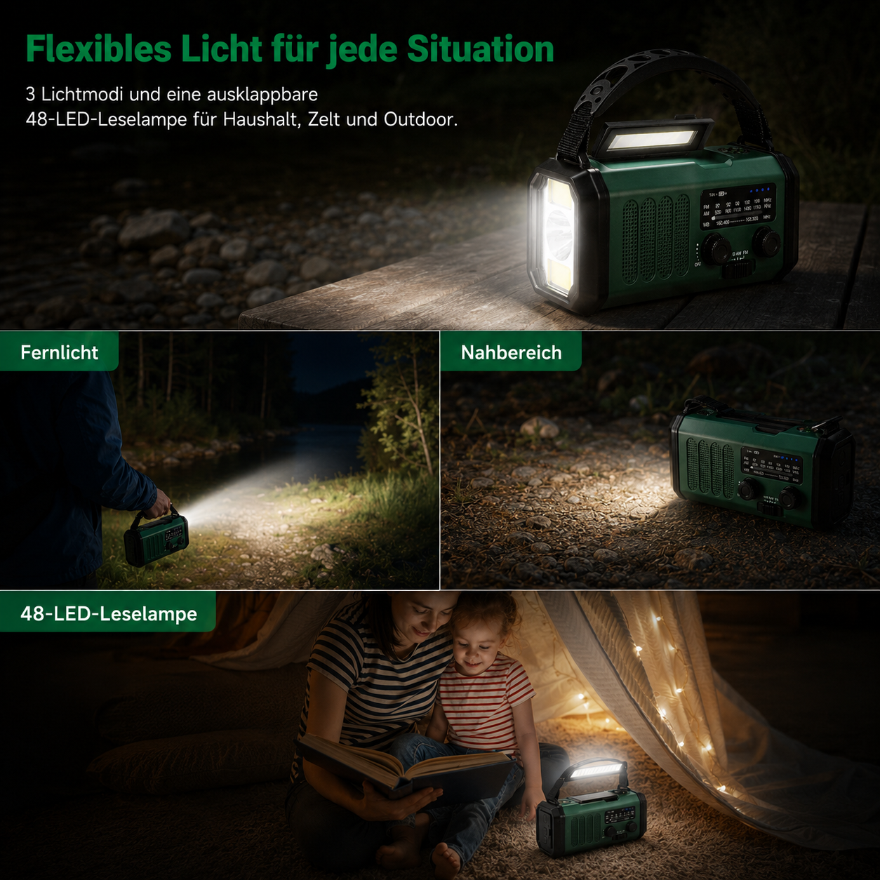 Grüne Outdoor-Lampe mit Radio und LED-Licht, gezeigt in verschiedenen Einsatzszenarien wie Camping und Lesen.