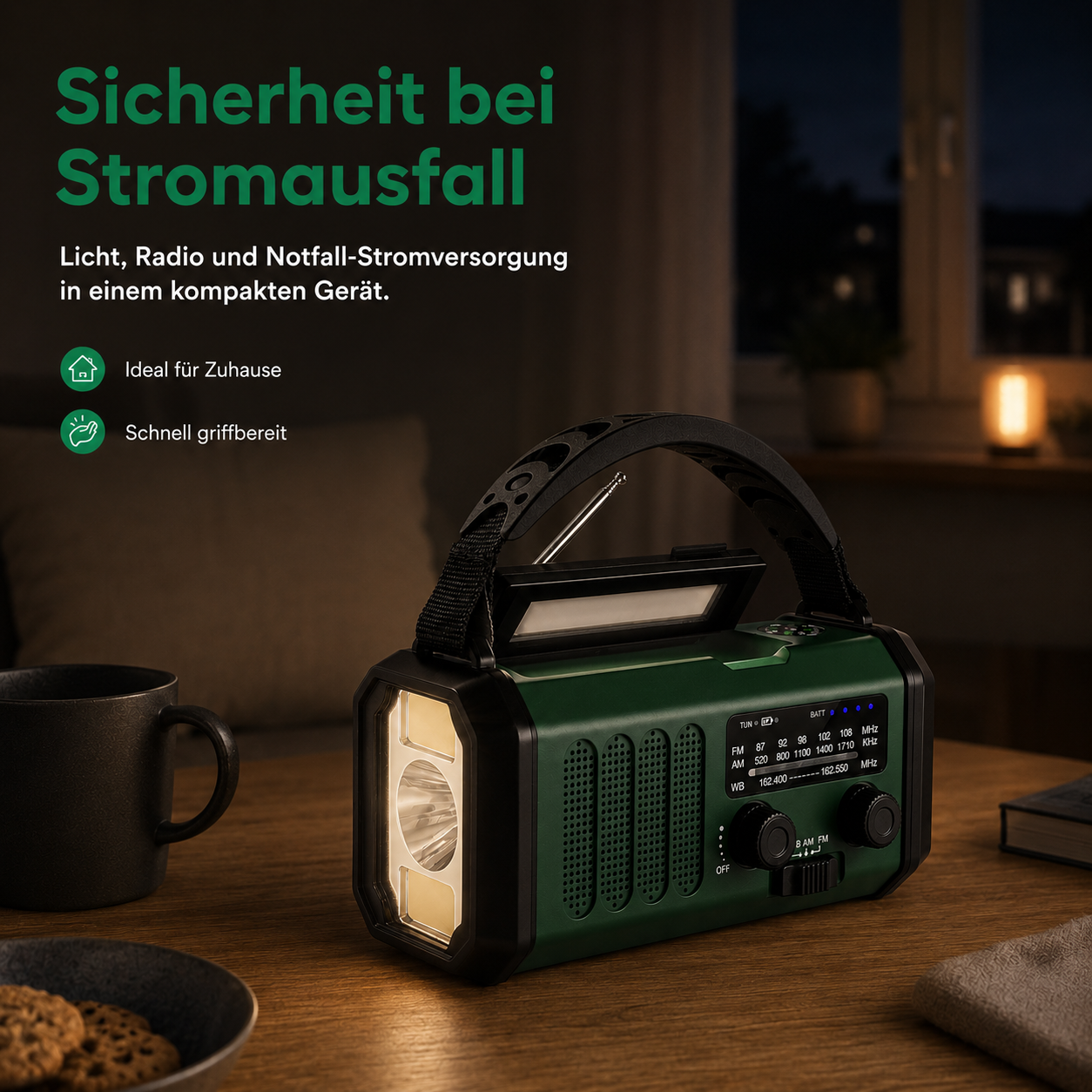 Grünes Notfallradio mit Lampe und Drehknöpfen auf Holztisch.