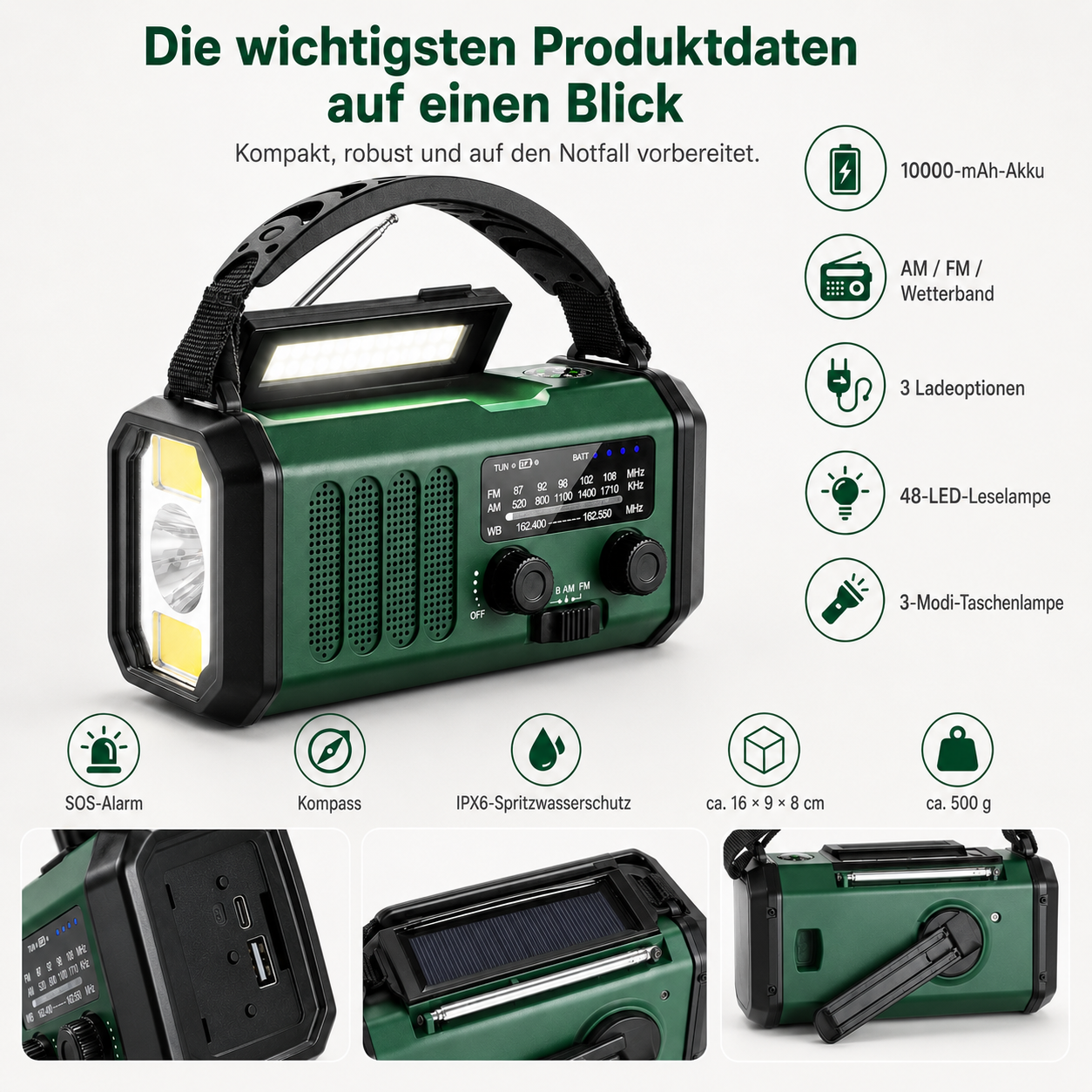 Grünes Notfall-Radio mit Taschenlampe, Solarmöglichkeit, Kurbel und verschiedenen technischen Icons.