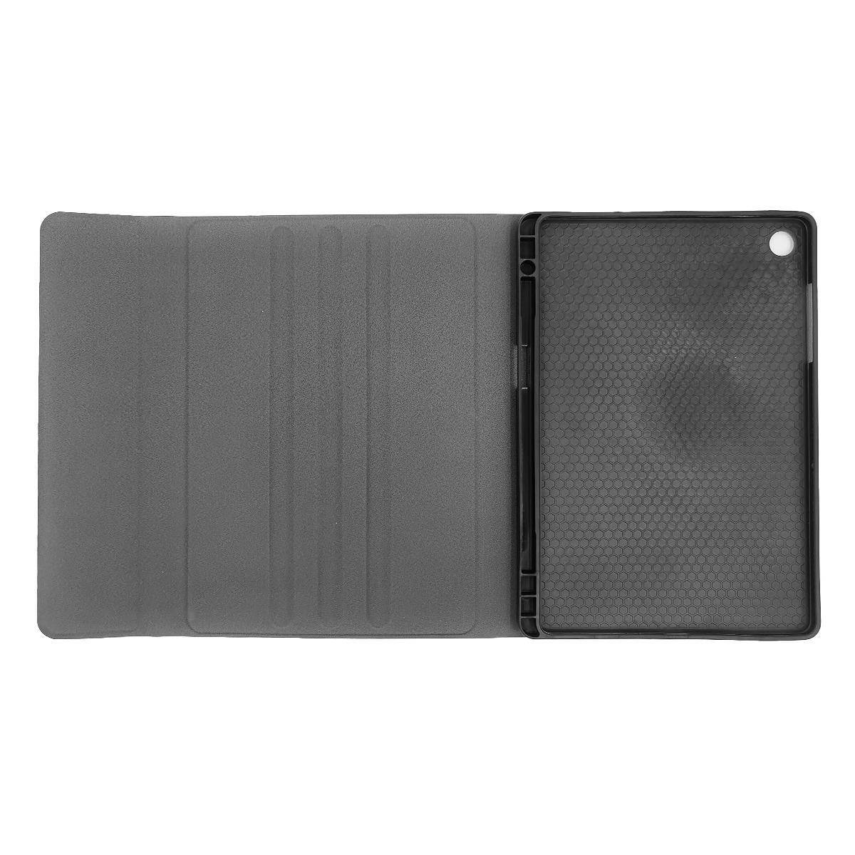 Custodia per tablet grigia con copertina pieghevole e interno a nido d'ape nero su bianco.
