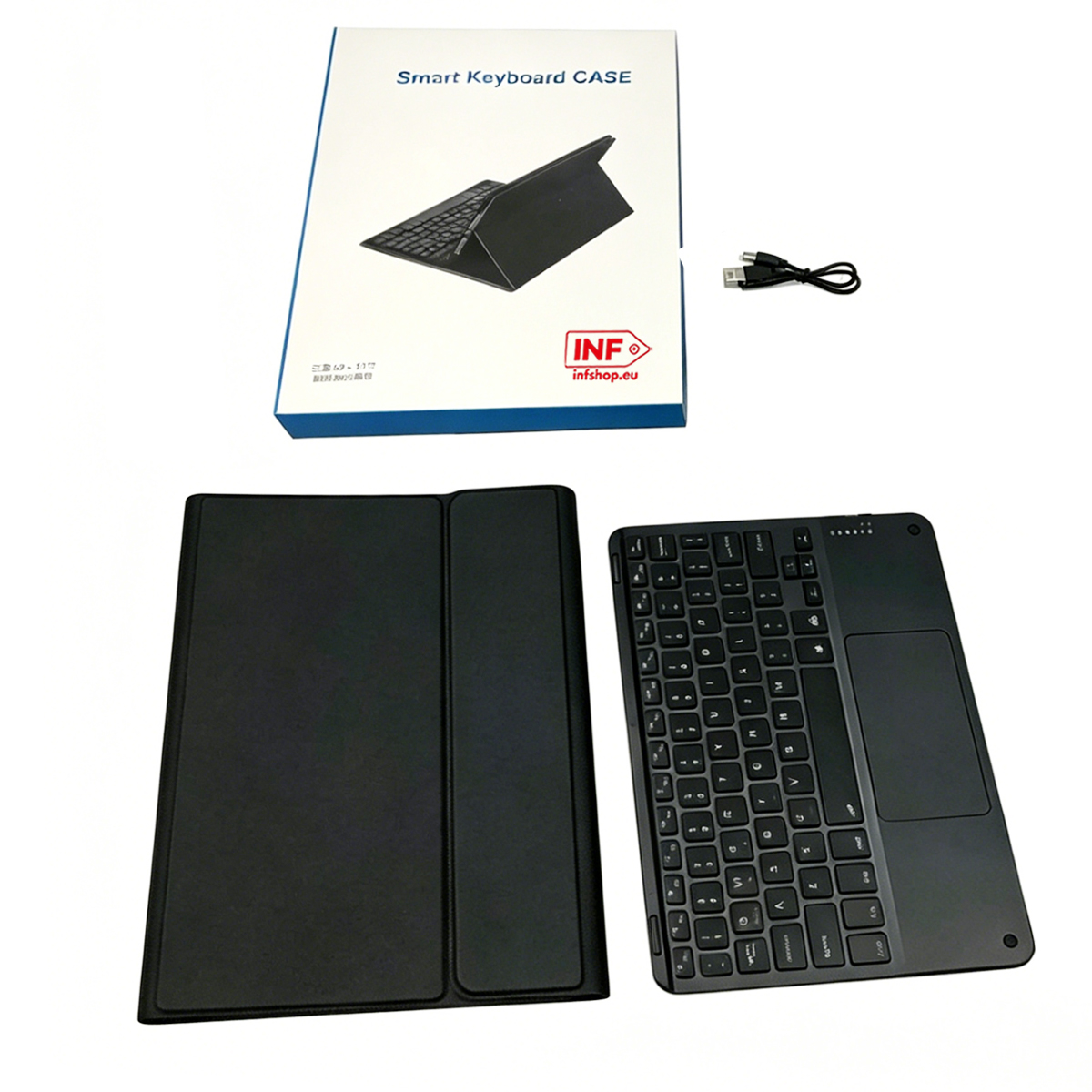 Custodia Smart Keyboard con cover nera, tastiera, cavo di ricarica e confezione.