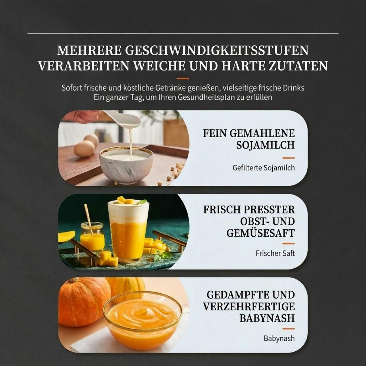 Eine Anzeige mit deutschem Text und drei Bildern von Sojamilch, Saft und Babynahrung.