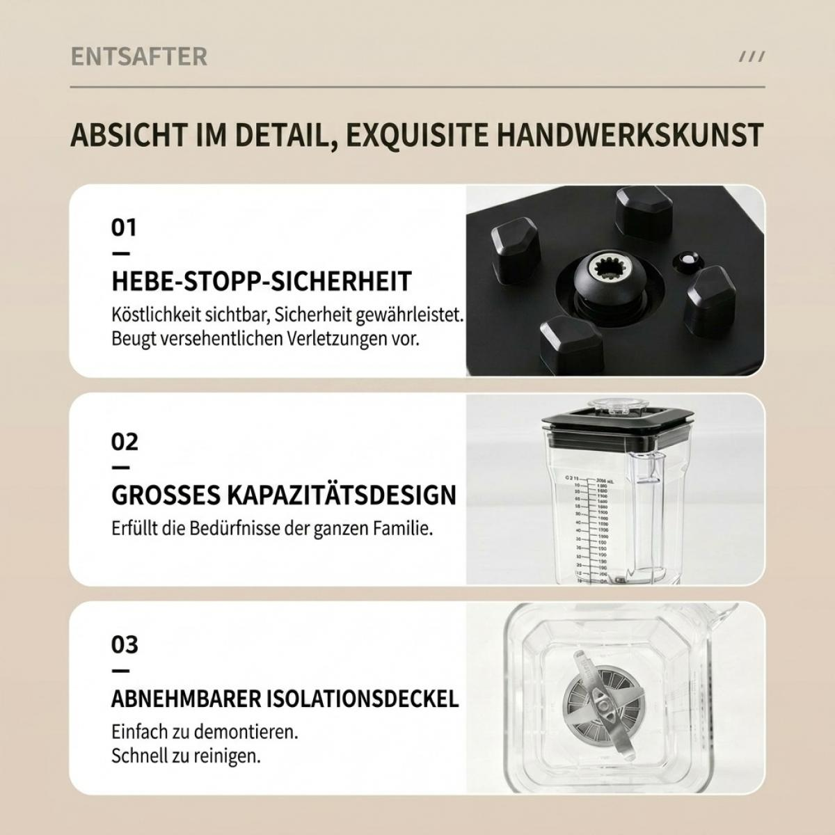 Produktmerkmale eines Entsafters: Sicherheitsschalter, grosses Fassungsvermögen und abnehmbarer Deckel mit Klingen.