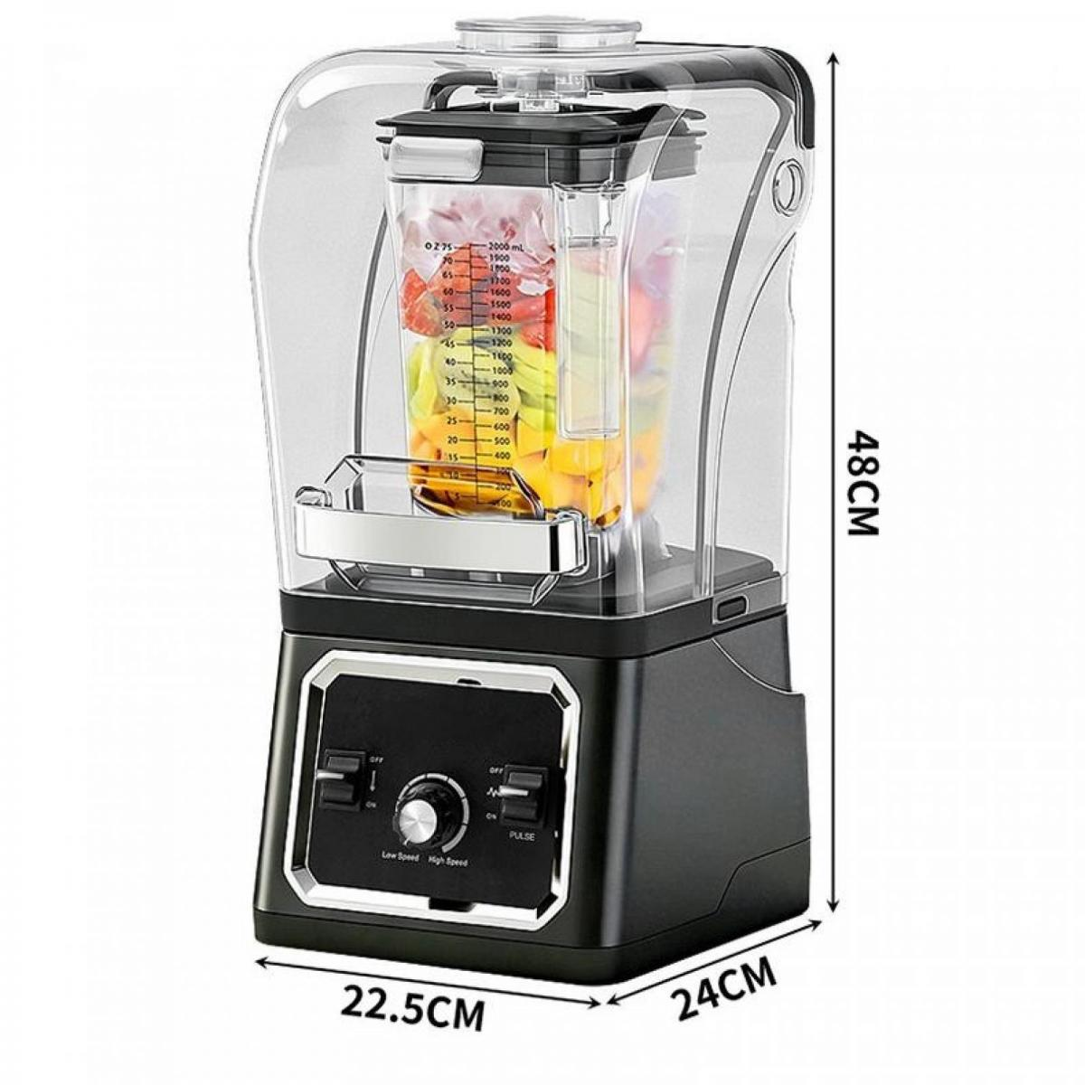 Schwarzer Blender im Sound-Enclosure mit Messungen: 22,5cm breit, 24cm tief, 48cm hoch.