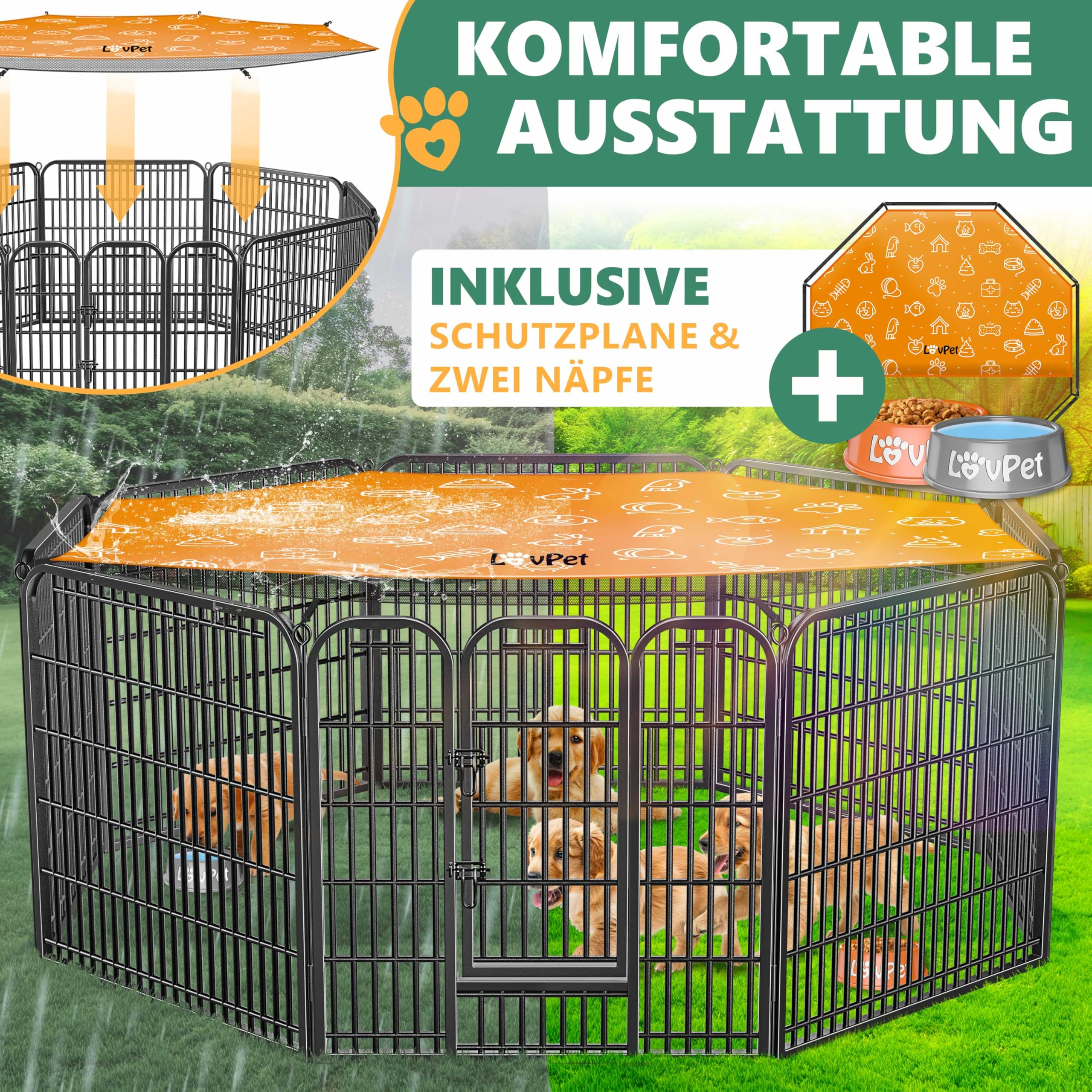 Box per cuccioli nero con telo protettivo arancione e simpatici cuccioli sull'erba verde.