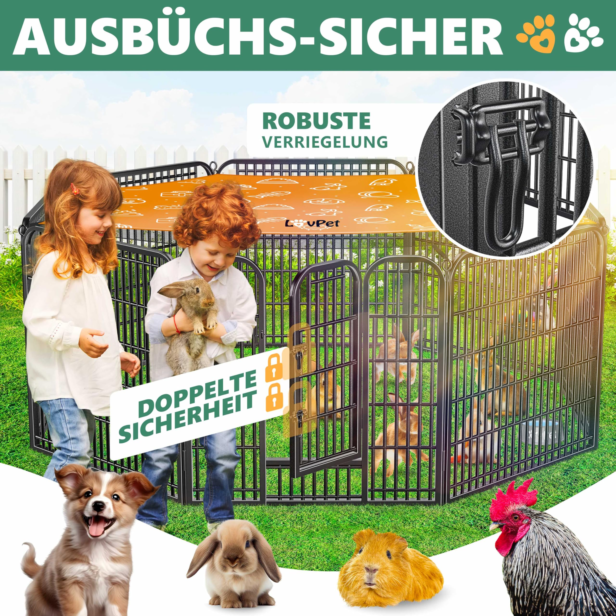 Bambini accanto a un recinto metallico nero sull'erba, con conigli, un cane, una cavia e una gallina.