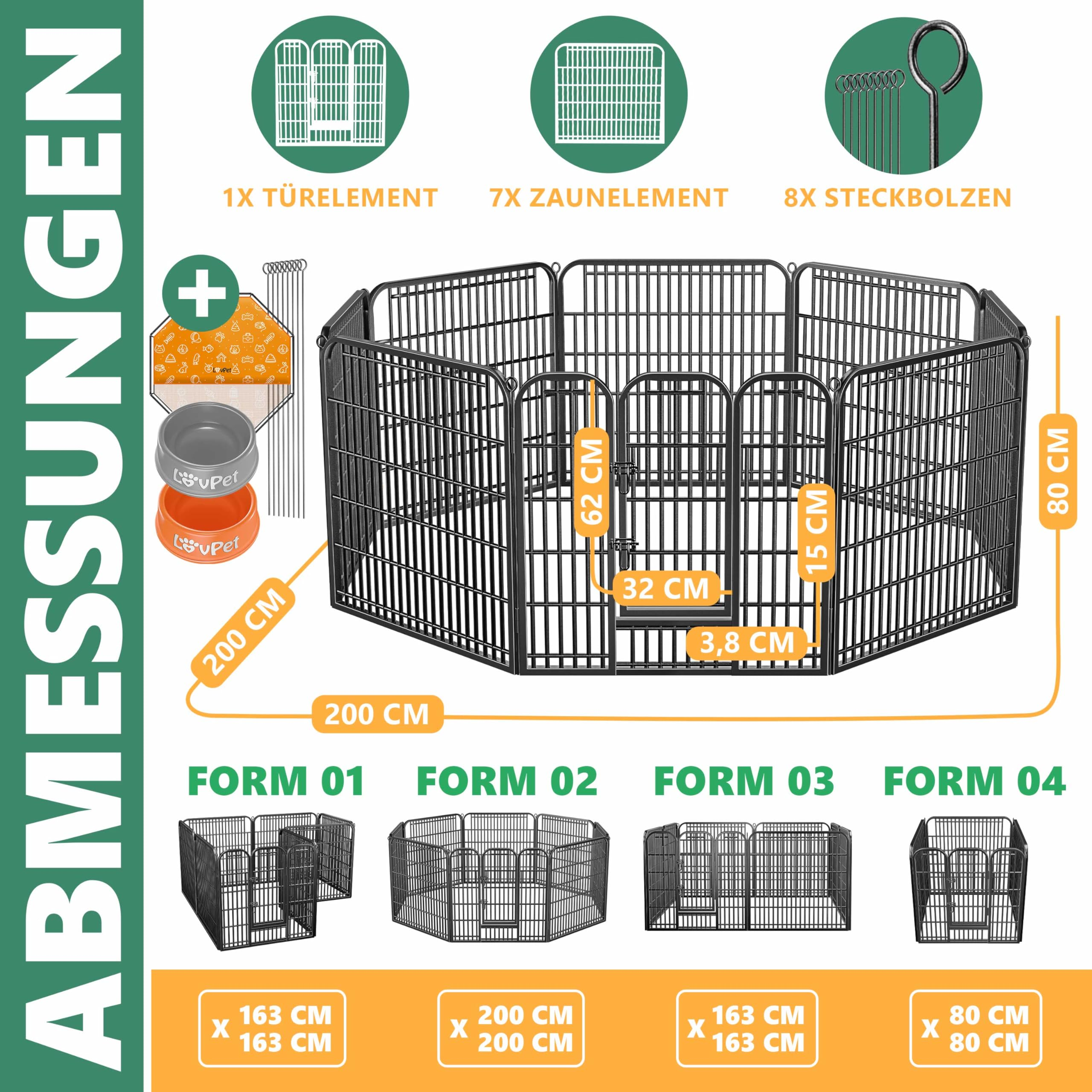 Schema con misure e opzioni di montaggio per un recinto metallico nero per animali con accessori.