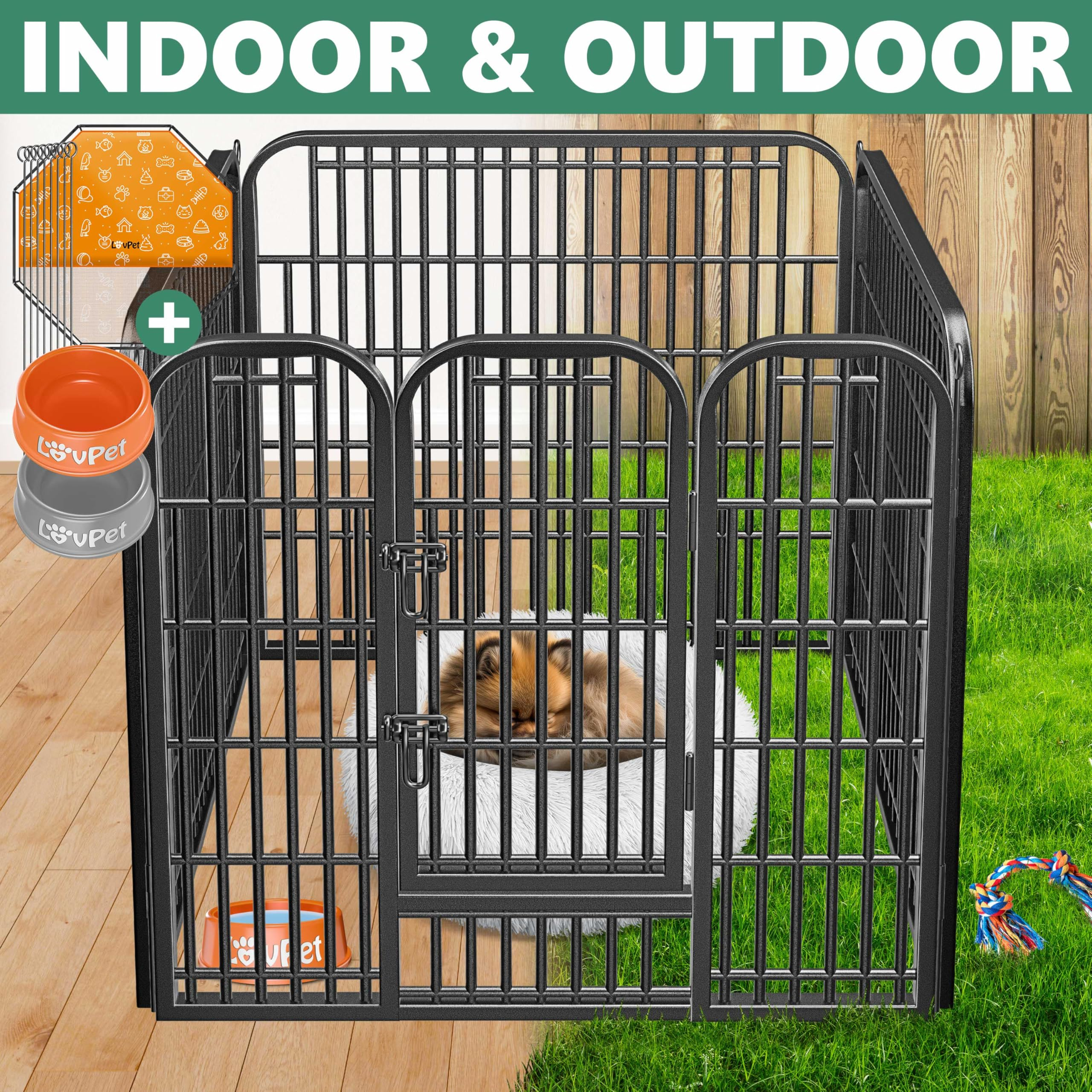 Box per animali in metallo nero con letto bianco soffice e cucciolo, su legno ed erba.