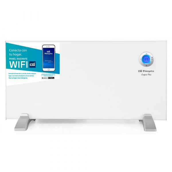 Termosifone radiante wifi bianco con display digitale, schermo blu e piedi di supporto argentati.