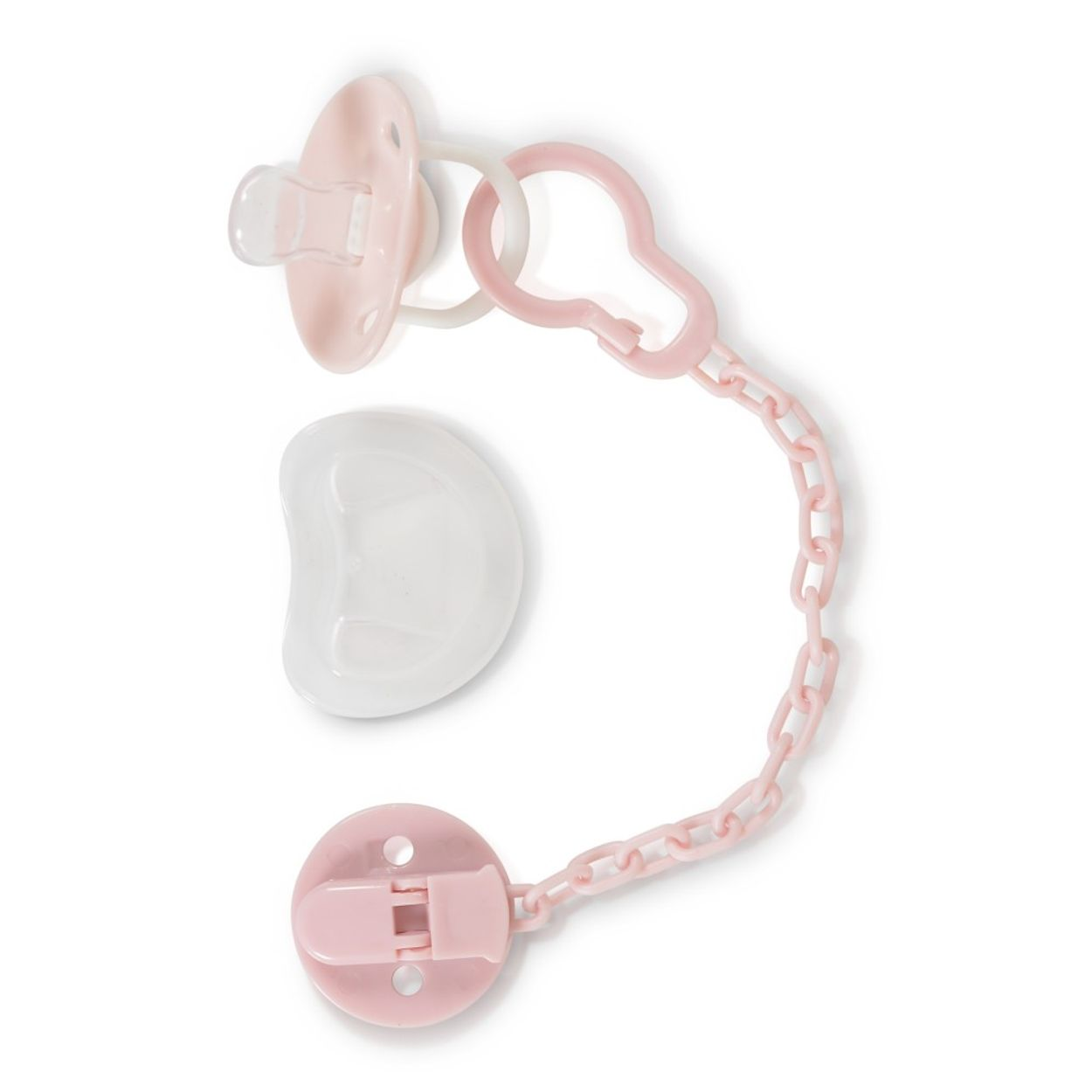 Ein pinker Babyschnuller mit passender Kette und Clip sowie eine durchsichtige Schutzhülle auf weißem Grund.