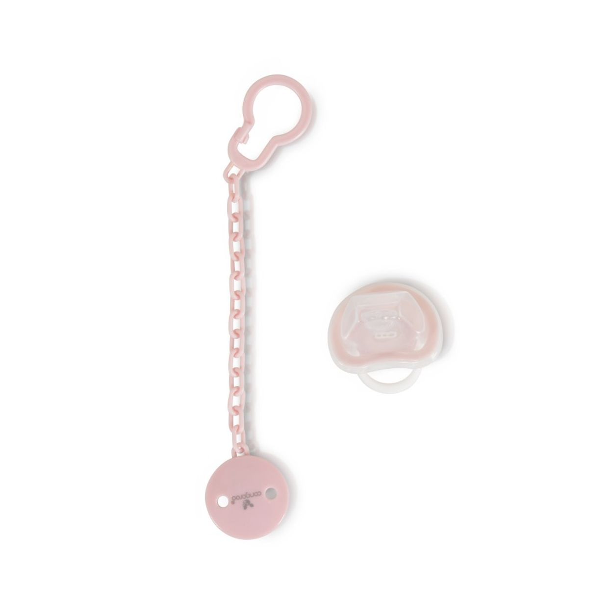 Ein rosafarbener Plastik-Schnullerclip mit Kette und passendem rosa Schnuller vor weißem Hintergrund.