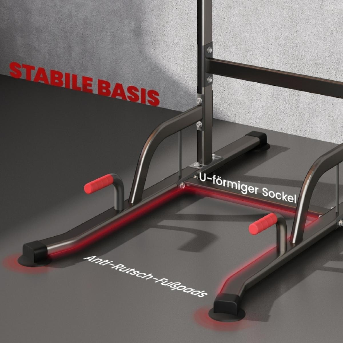 Stabile Basis mit U-förmigem Sockel und Anti-Rutsch-Fußpads an einem Fitnessgerät.
