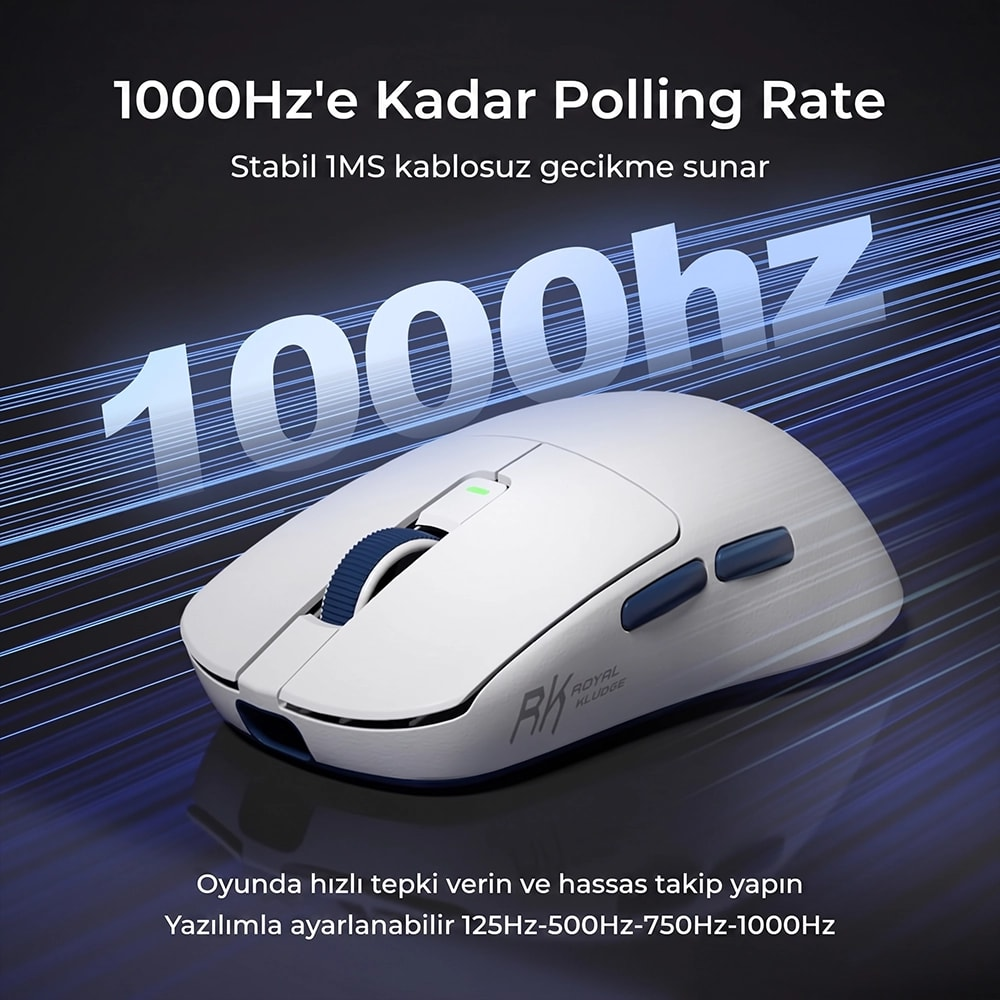 Biala bezprzewodowa mysz dla graczy z niebieskimi akcentami, ciemnym tlem i tekstem 1000Hz.