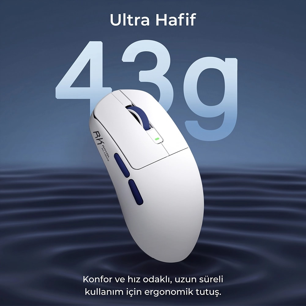 Biała mysz ergonomiczna unosi się nad ciemną wodą z tureckim tekstem promocyjnym i liczbą 43g w tle.